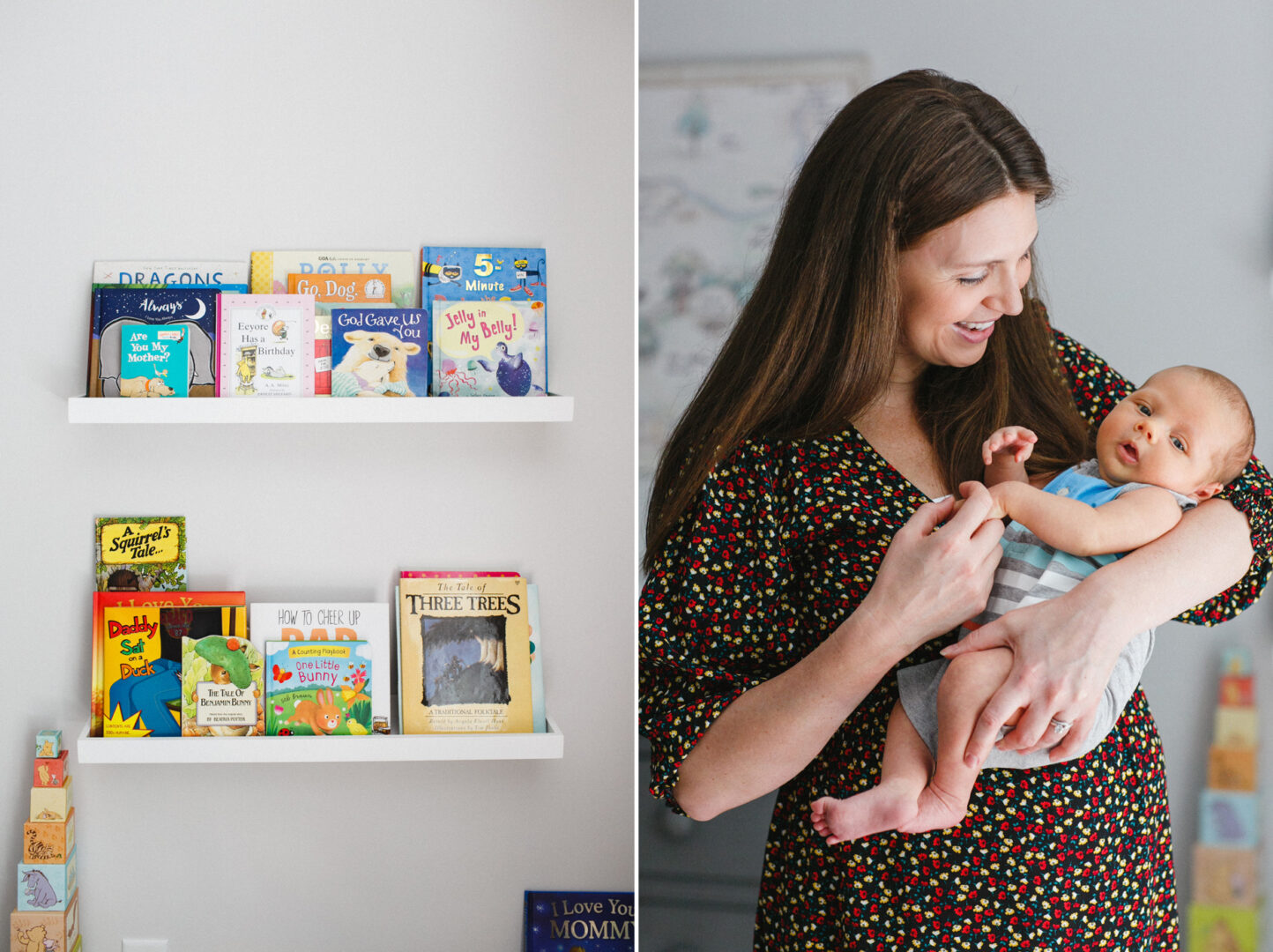Wall shelves display children's books; a woman holds a newborn, her smile capturing the tender moment immortalized in photos.