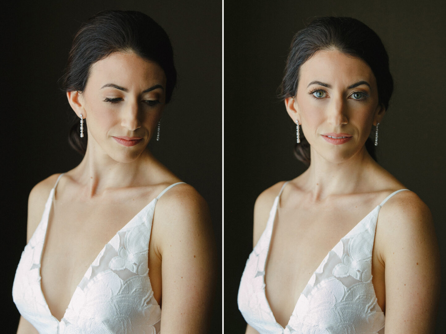 Against a dark backdrop, a woman in a white floral dress with thin straps evokes the elegance of a Franklin Institute wedding. Her long earrings catch the light as her dark hair is pulled back. One photo captures her looking down thoughtfully; the other, she faces forward confidently.