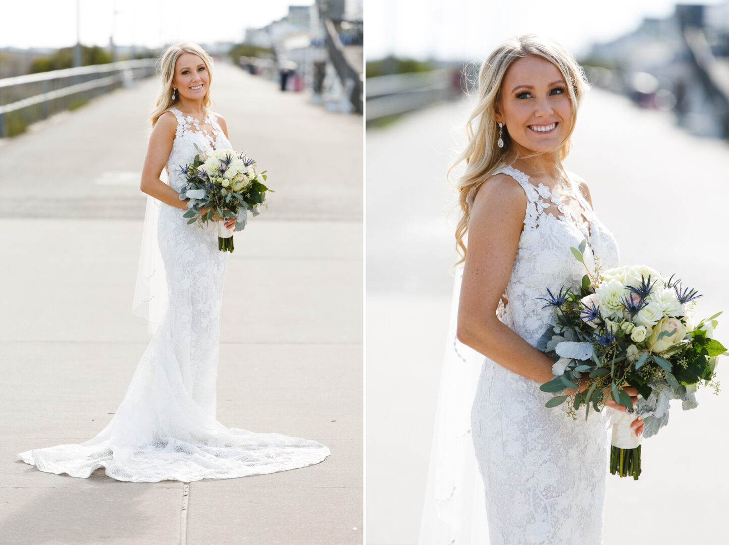 Bride in a white lace gown holds a bouquet of white and green flowers, standing outdoors on a sunlit walkway at the picturesque Yacht Club of Sea Isle City.
