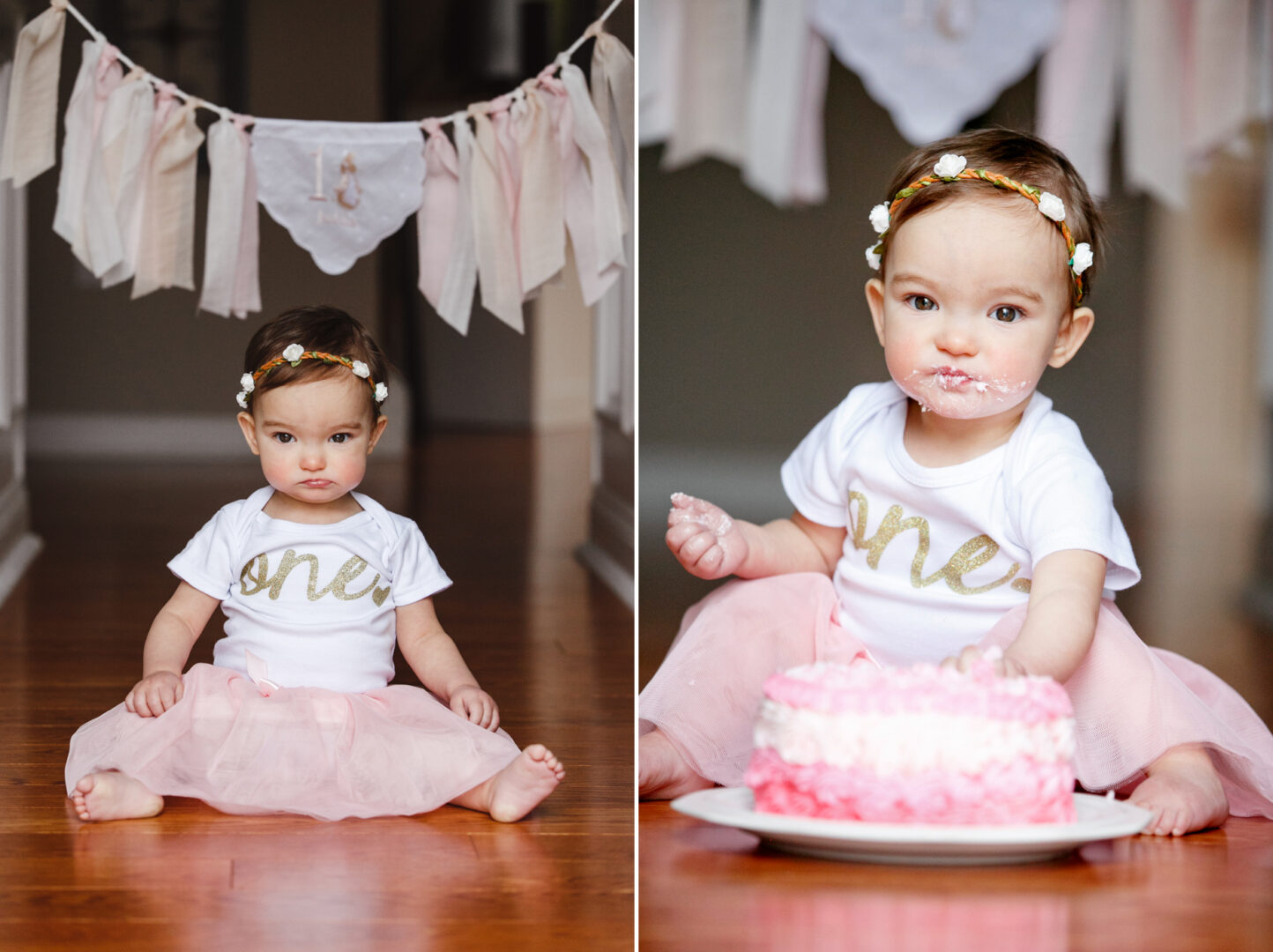 A baby in a "one" shirt and floral headband sits on the floor, showcasing one of the best Philadelphia family photo moments. In another image, she enjoys a pink cake, surrounded by soft pink decorations in the background.