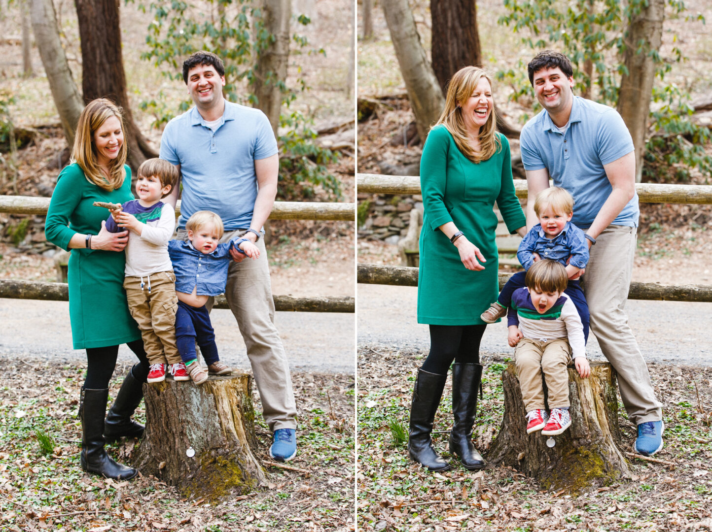 A family of four, perfectly capturing the essence of the Best Philadelphia Family Photos, poses outdoors by a tree stump and wooden fence. The adults are smiling warmly while the two young boys, full of joy, sit playfully on the stump.