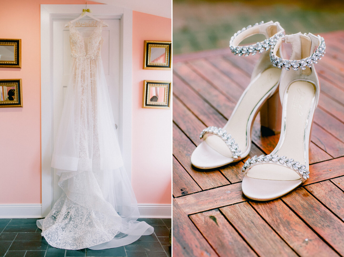 A lace wedding dress hangs on a door beside three small mirrors, capturing the elegance of a Willow Creek Winery wedding. Nearby, a pair of embellished high-heeled sandals rests gracefully on a wooden surface.