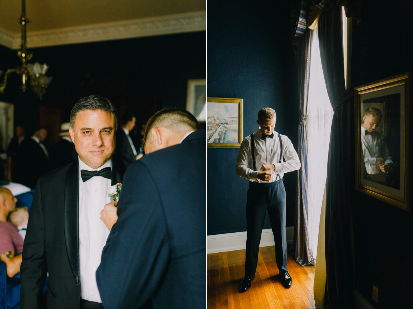 Two images: left shows a man in a tuxedo with a boutonnière being adjusted at a Willow Creek Winery wedding; right shows a man adjusting his cufflinks near a window in a dark room.