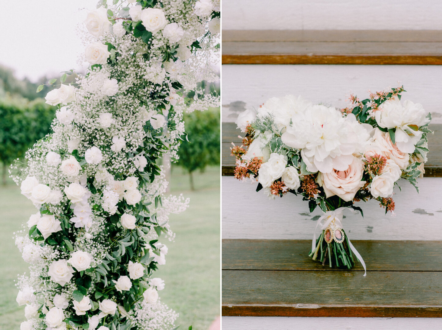 Elegant floral arrangements featuring white roses and greenery, perfectly complementing a Willow Creek Winery wedding, with a large bouquet adorning the wooden steps.