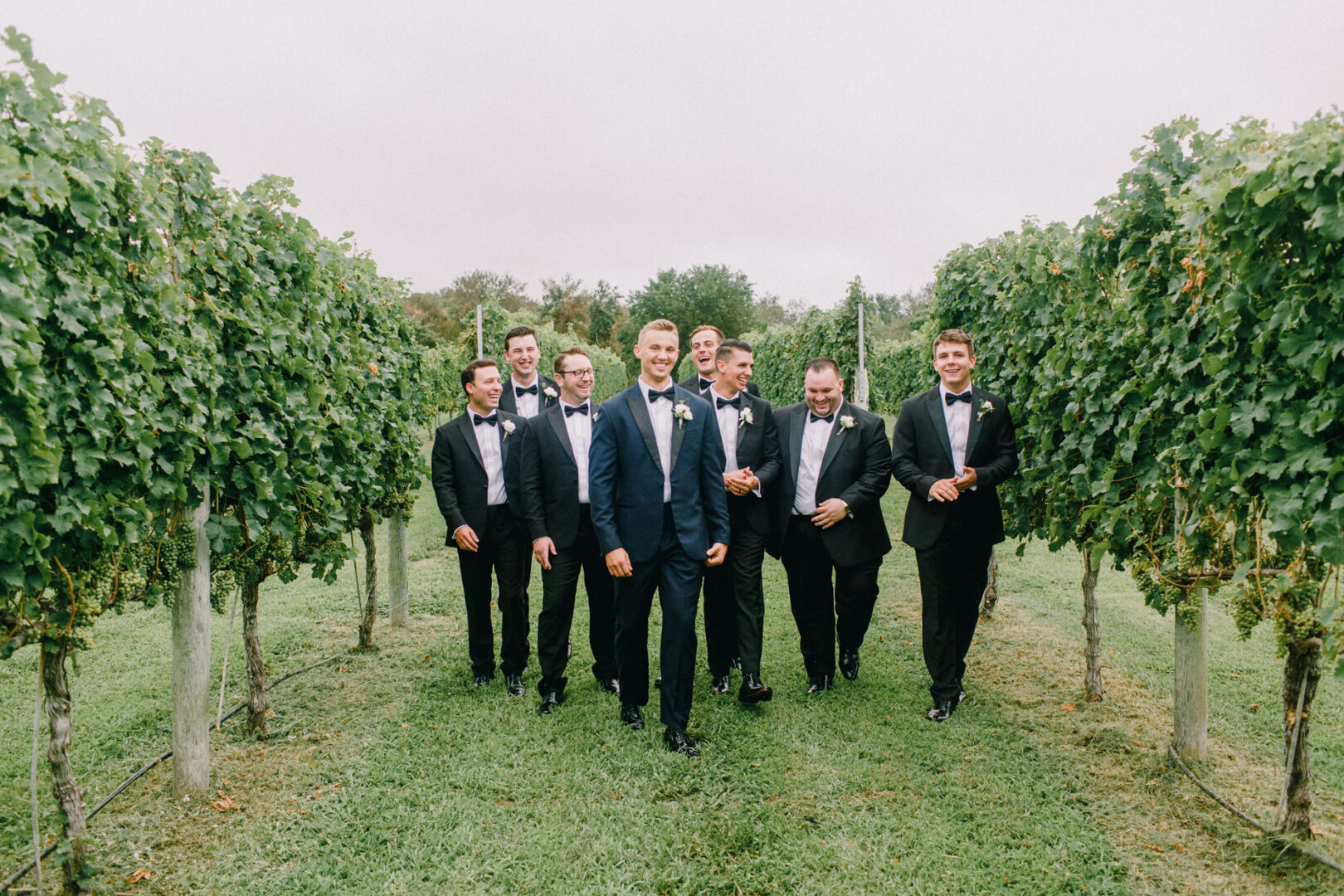 Seven men in formal suits stroll through Willow Creek Winery, smiling and enjoying the outdoors on this beautiful wedding day.