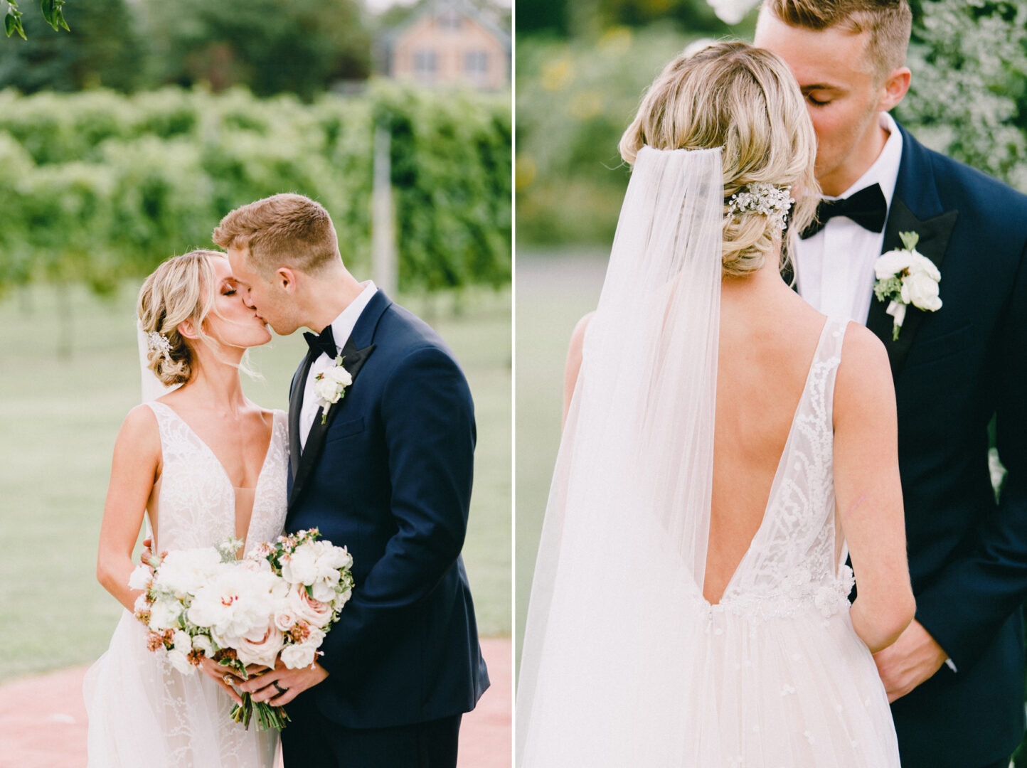 At the picturesque Willow Creek Winery, a bride and groom share a tender kiss outdoors, her veil gently rustling as she holds onto her bouquet.