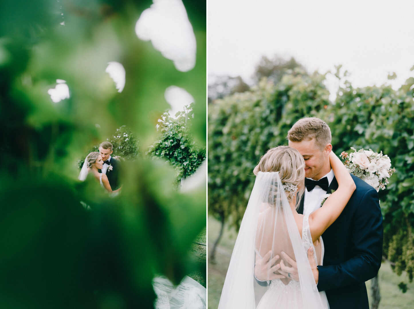 At the enchanting Willow Creek Winery, the bride and groom embrace amidst lush vineyards, with the bride holding a vibrant bouquet.