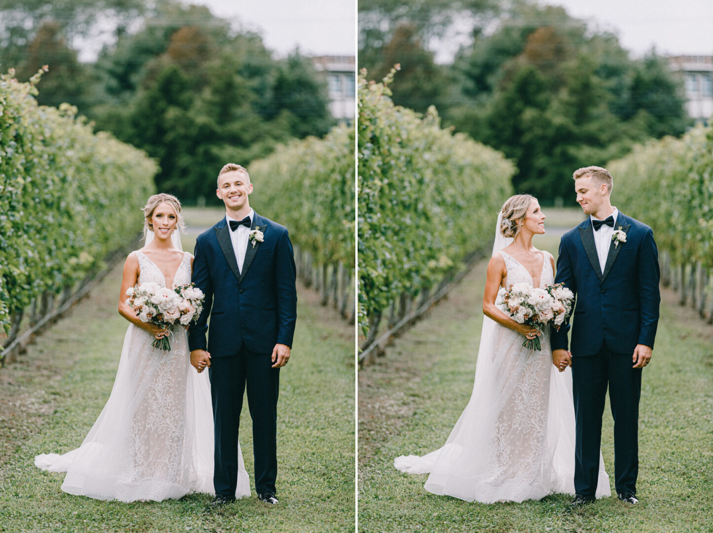 A bride and groom stand holding hands amidst the lush vines at Willow Creek Winery, both dressed in elegant formal attire. The bride clutches a vibrant bouquet of flowers, perfectly complementing the picturesque setting of their vineyard wedding.