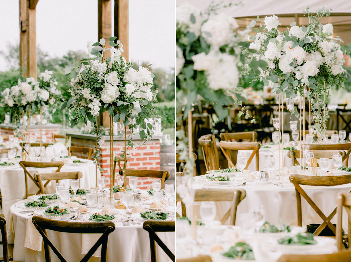 Elegant table setting at a Willow Creek Winery wedding with round tables, wooden chairs, white floral centerpieces, plates of salads, and neatly arranged glassware.