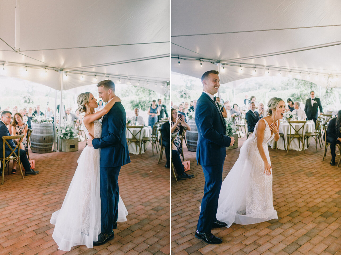 Bride and groom share a joyful dance under a white tent at their Willow Creek Winery wedding reception, with guests seated at tables in the background.