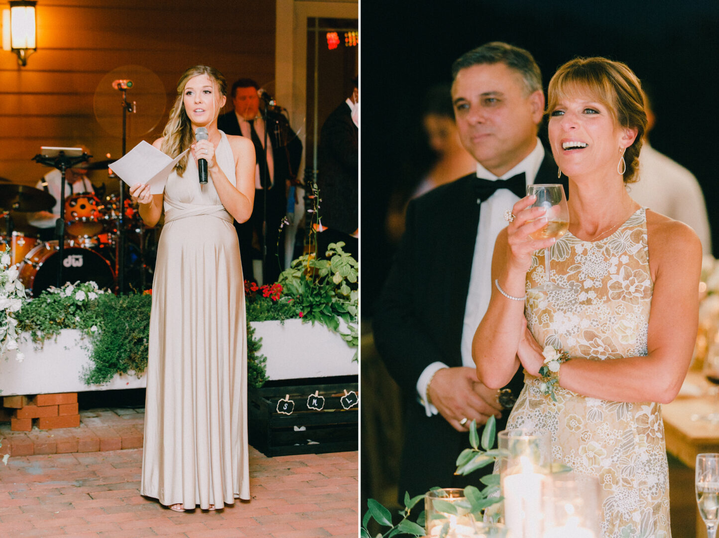Left: At the picturesque Willow Creek Winery wedding, a woman in a long dress speaks into a microphone outdoors. Right: A woman in a lace dress laughs joyfully, holding a glass, while a man stands beside her.