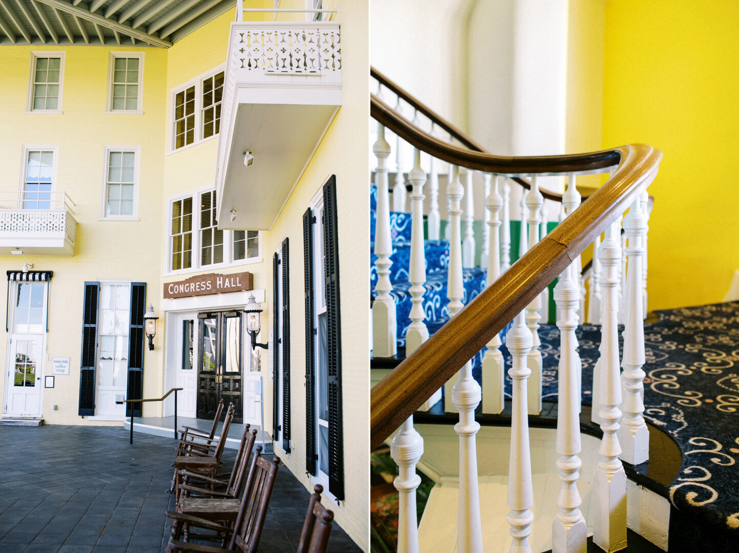 Exterior view of Congress Hall with rocking chairs and a detailed wooden staircase railing indoors, against a bright yellow wall.