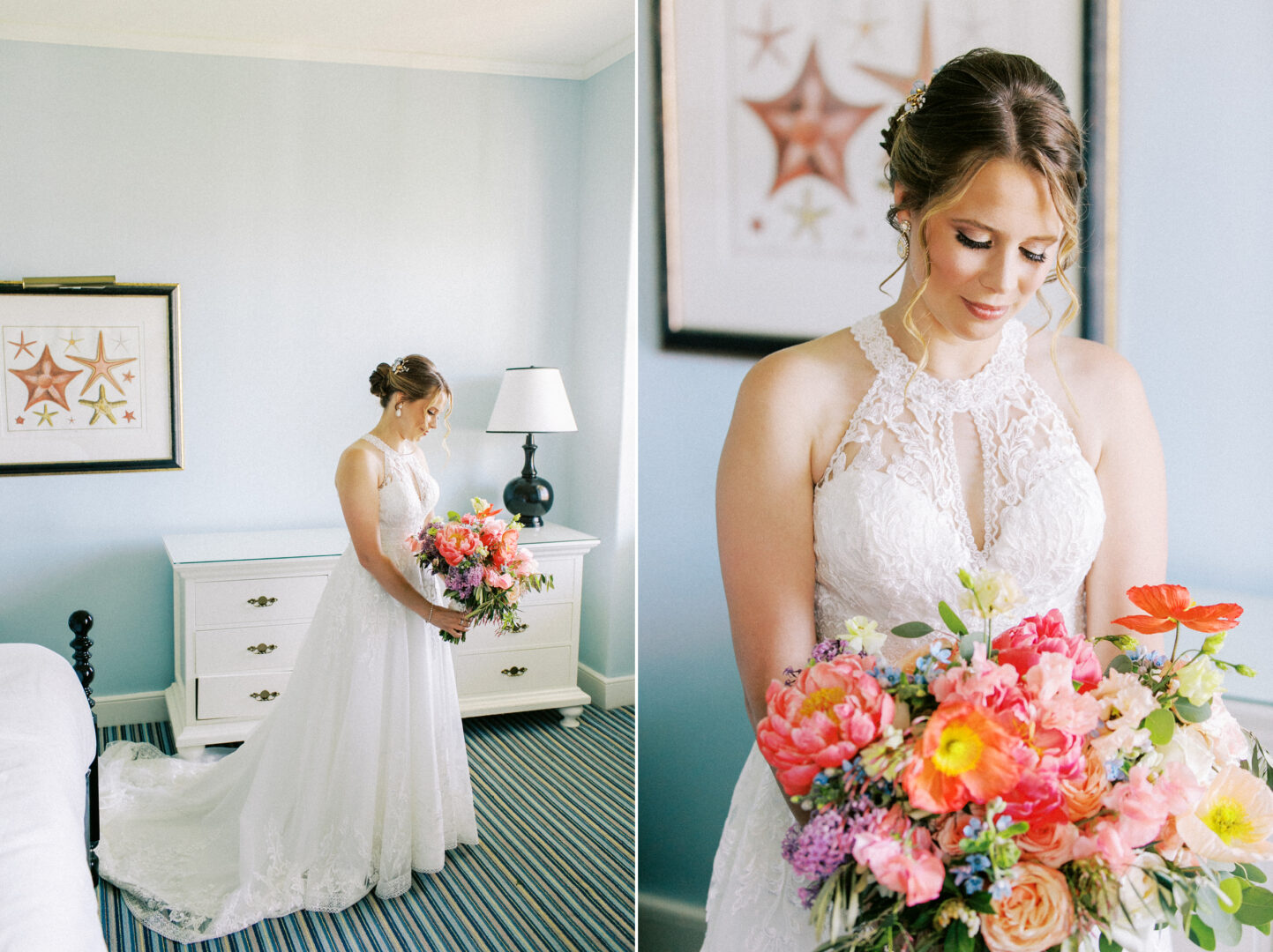 In a light blue room, a bride in a white lace dress holds a colorful bouquet, evoking the charm of a wedding by the beach in Cape May. A lamp and dresser complete this serene setting.