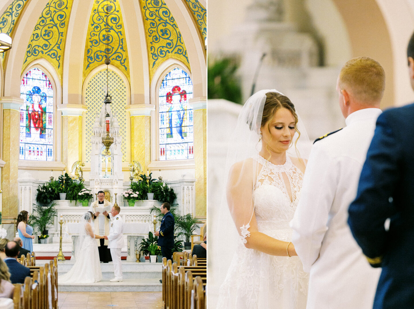 A couple clad in formal attire exchanges vows in a charming church adorned with stained glass windows and ornate yellow trim, dreaming of a future wedding by the beach in Cape May.
