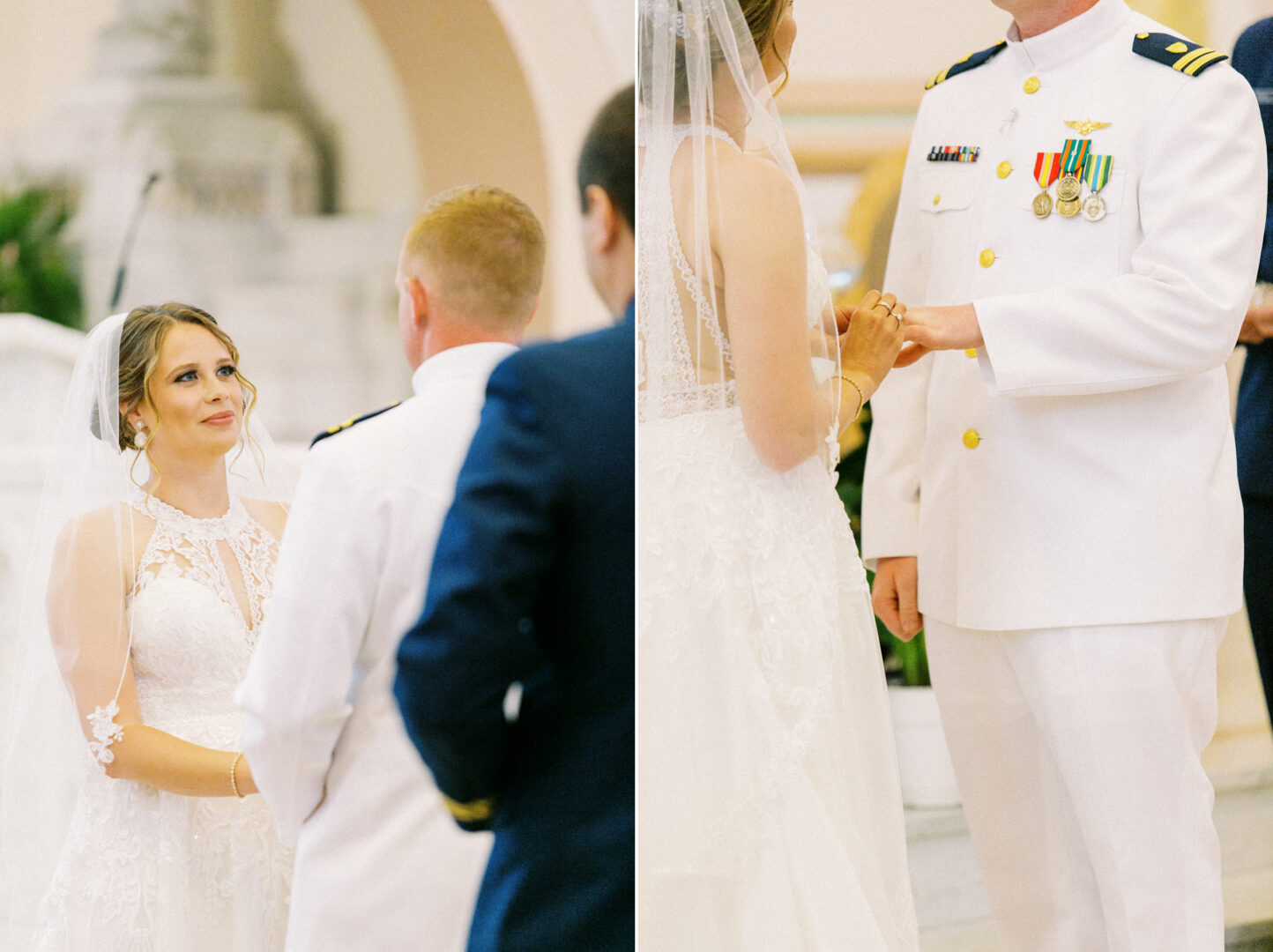 A bride and groom, both elegantly dressed in white, exchange rings during their enchanting wedding ceremony by the beach in Cape May.