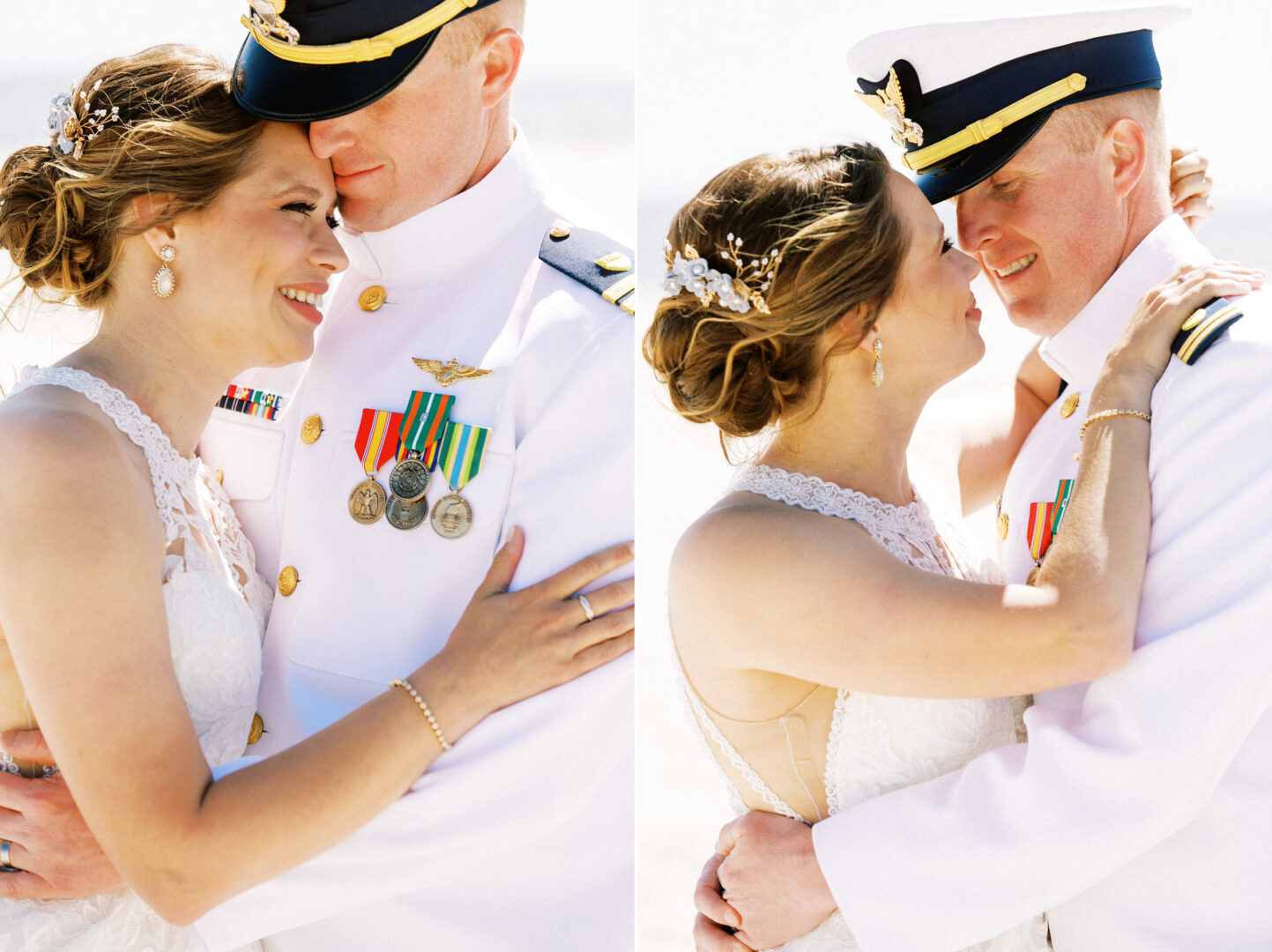 A bride and groom in a white military uniform embrace and smile at each other, framed by the serene backdrop of a wedding by the beach in Cape May.