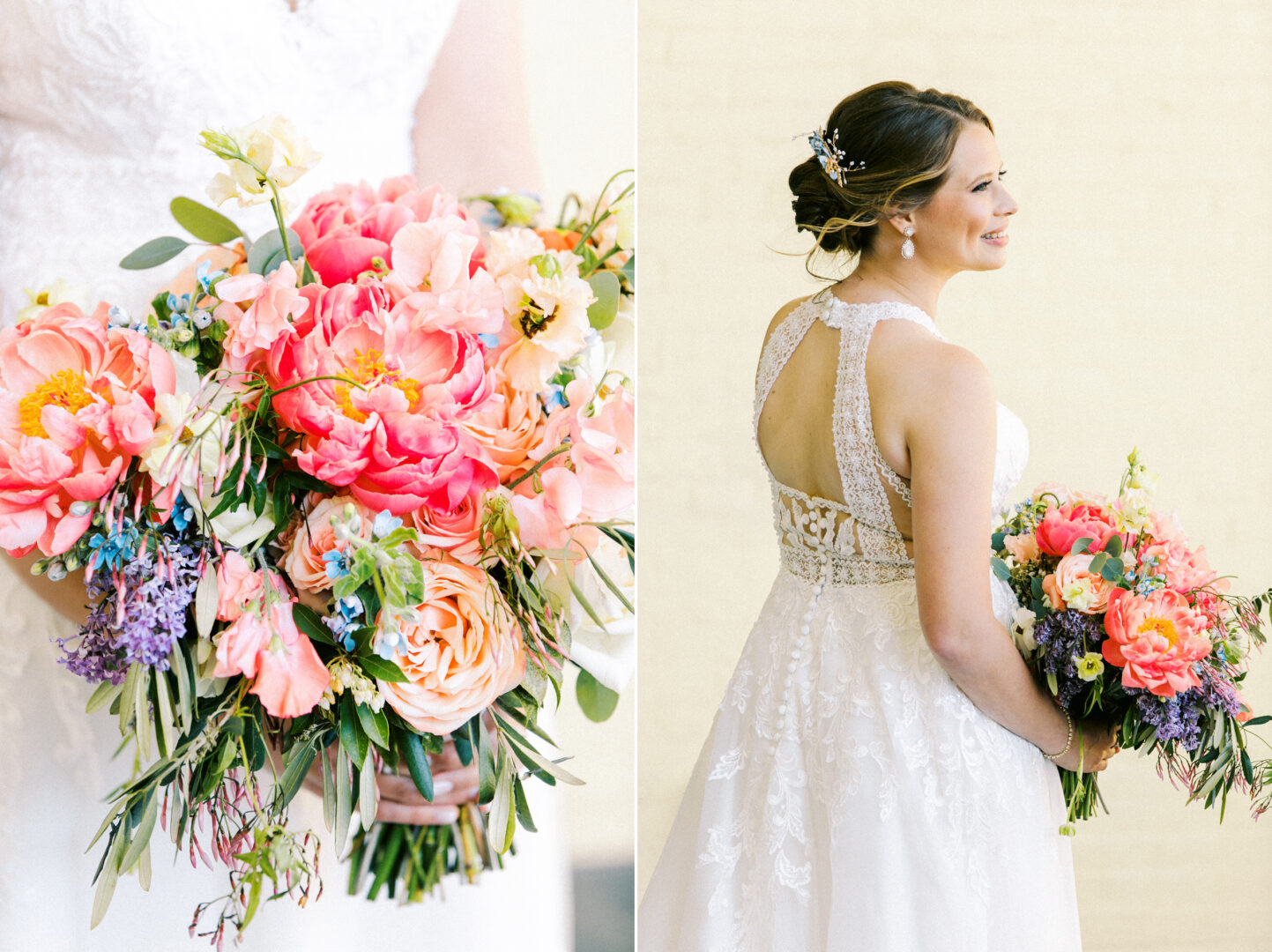 Bride in a white lace dress holding a large, colorful bouquet with pink, orange, and blue flowers while standing at a picturesque wedding by the beach in Cape May.