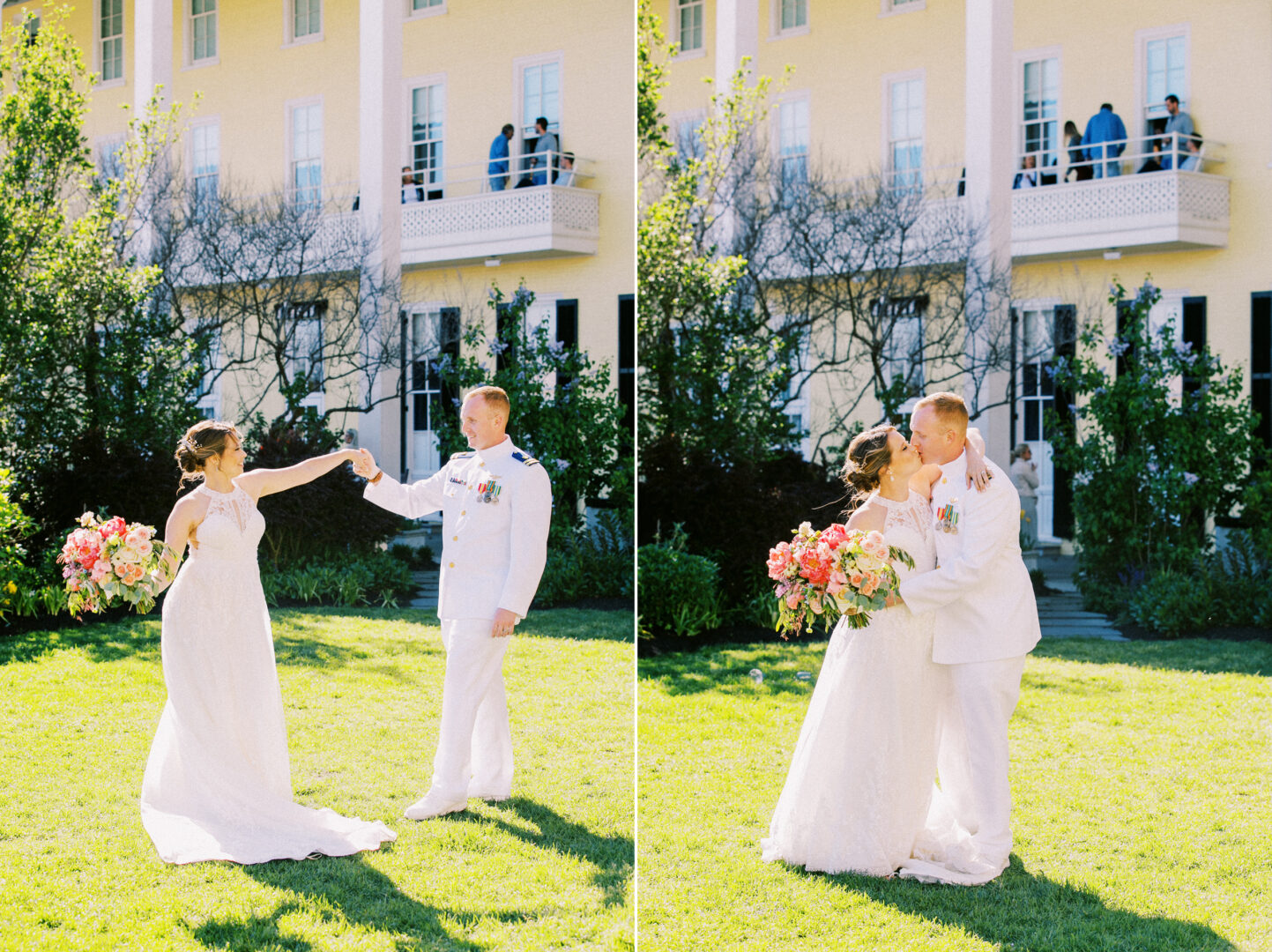 A couple in formal attire dances and kisses on a lawn in front of a large yellow building, reminiscent of a wedding by the beach in Cape May. The woman gracefully holds a bouquet of flowers.