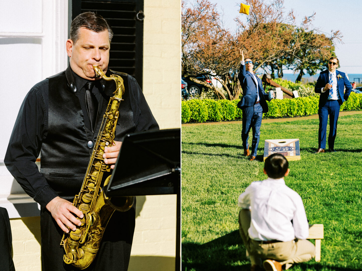 Left image: At a wedding by the beach in Cape May, a man plays the saxophone outdoors. Right image: Two men play cornhole on the grass as a child watches, adding to the festive atmosphere.