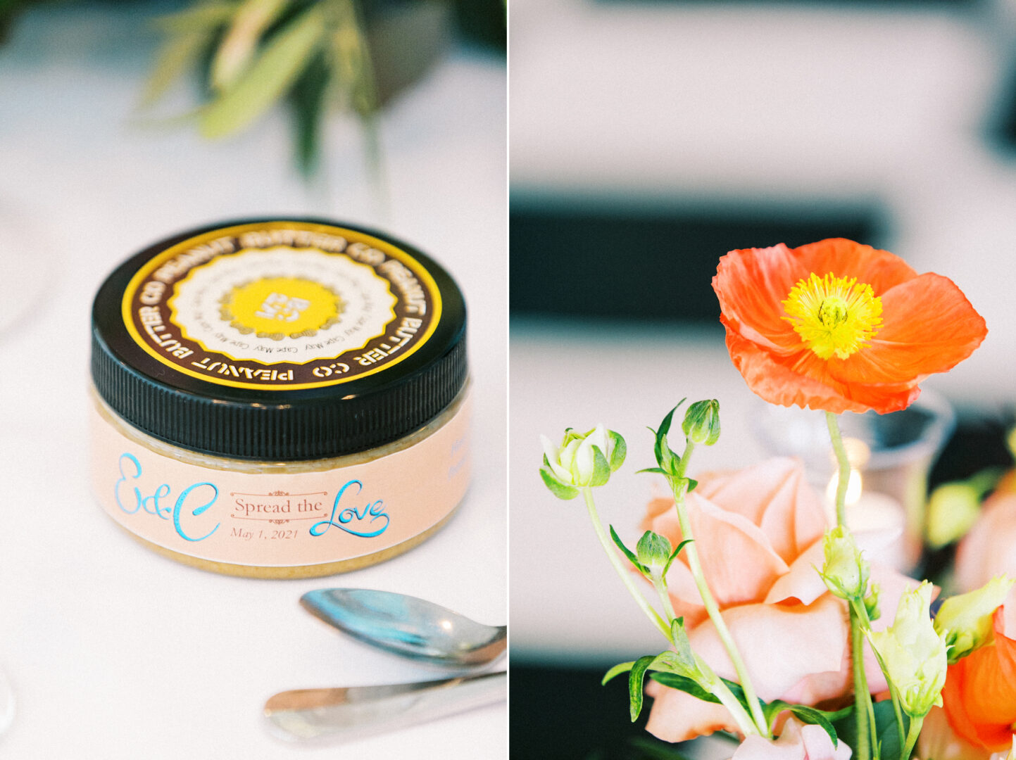 A jar of peanut butter labeled "Spread the Love" sits on a table beside a spoon, echoing the sentiment of a wedding by the beach in Cape May. Nearby, a floral arrangement bursts with vibrant orange and pink flowers, capturing the joy and color of coastal nuptials.