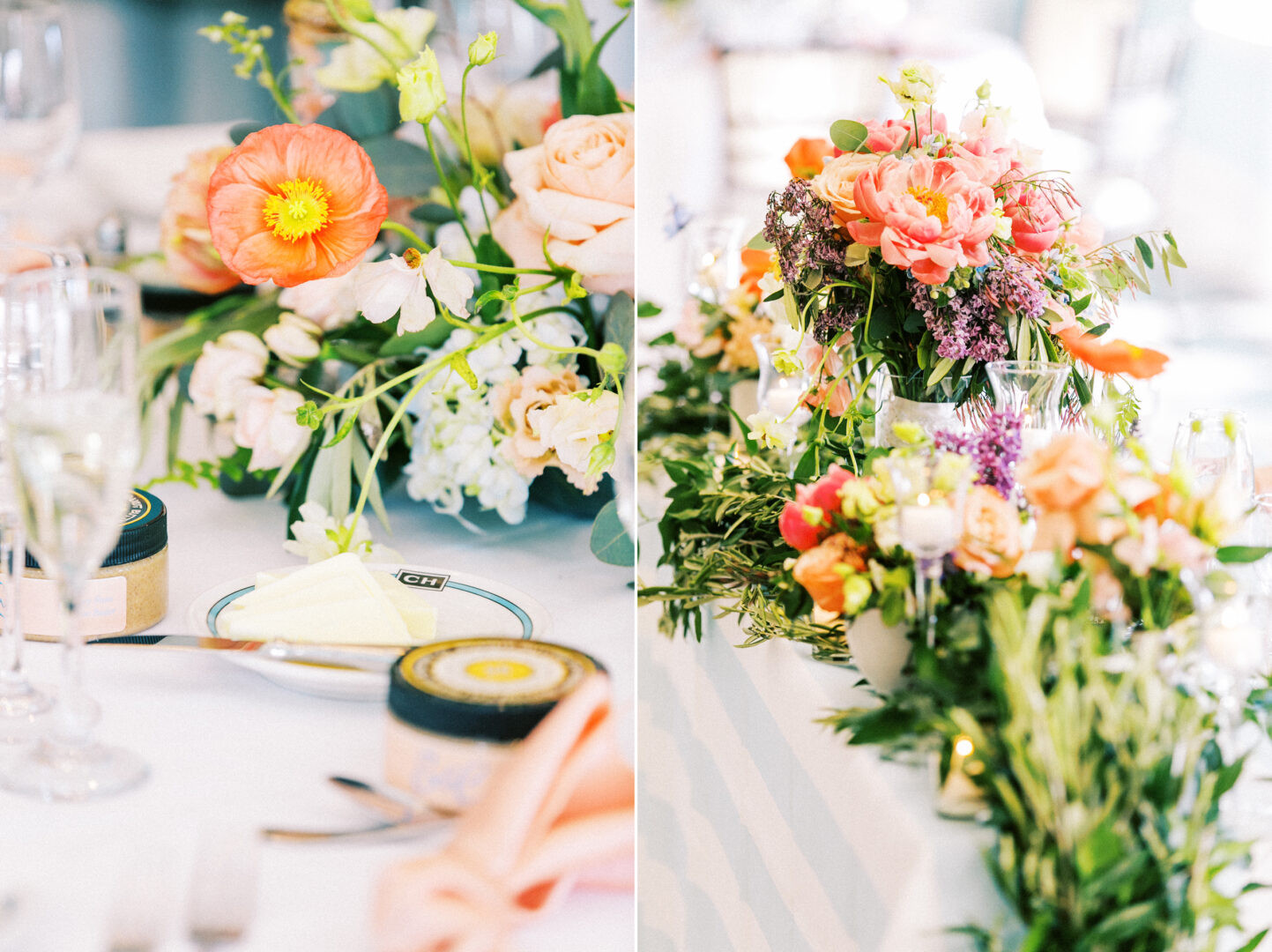 Floral arrangements with orange, pink, and white flowers decorate a dining table at a wedding by the beach in Cape May, complete with elegant glassware and plates.