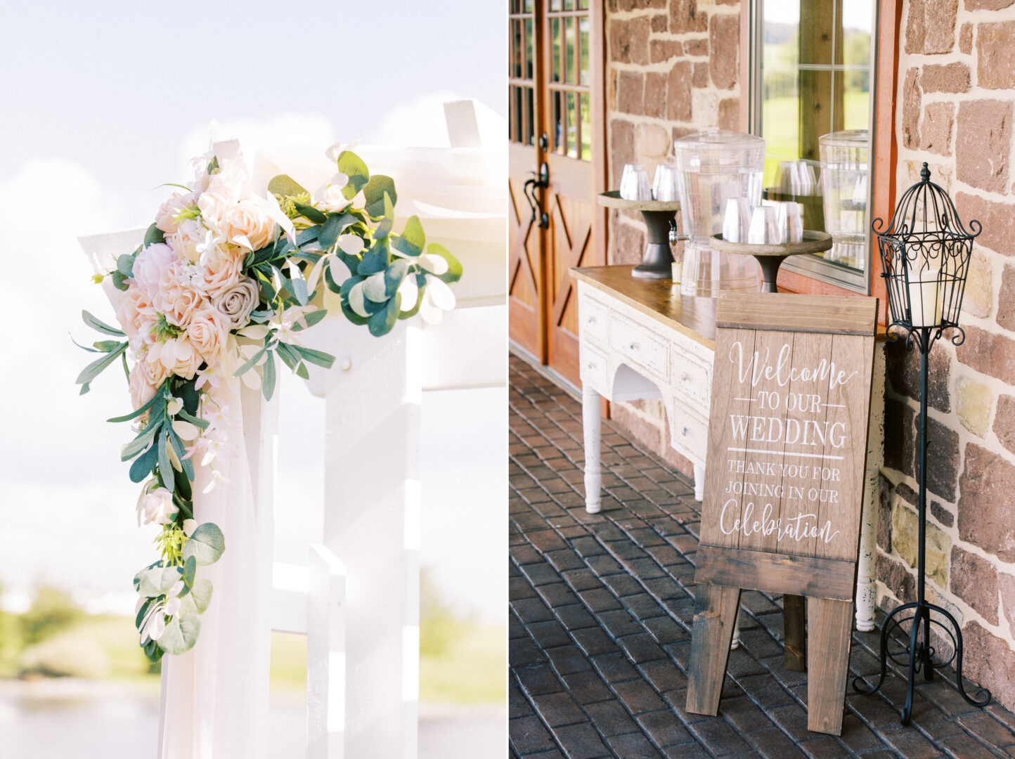 Wedding decorations at the Harvest View Barn at Hershey Farms feature a beautiful floral arrangement on a white structure, accompanied by a wooden sign that reads, "Welcome to our wedding," beside a table adorned with elegant glass jars.