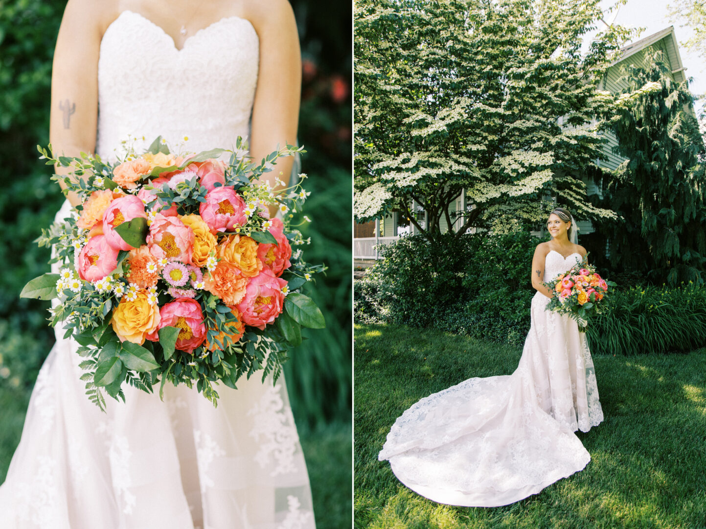 Bride in a lace gown holds a vibrant bouquet of pink and orange flowers, standing on the lush green lawn at Harvest View Barn at Hershey Farms, framed by trees in the background.