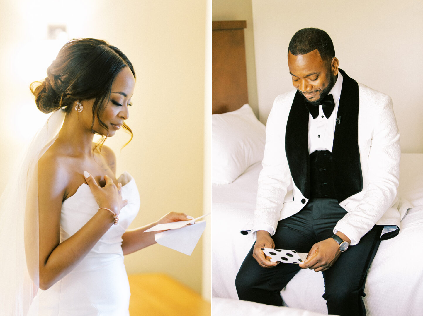 At a Mansion on Main Street wedding, a bride in a white dress reads a card; meanwhile, her groom, donning a white jacket and black bow tie, smiles while holding his card. They are captured in separate indoor settings that beautifully complement their special moment.