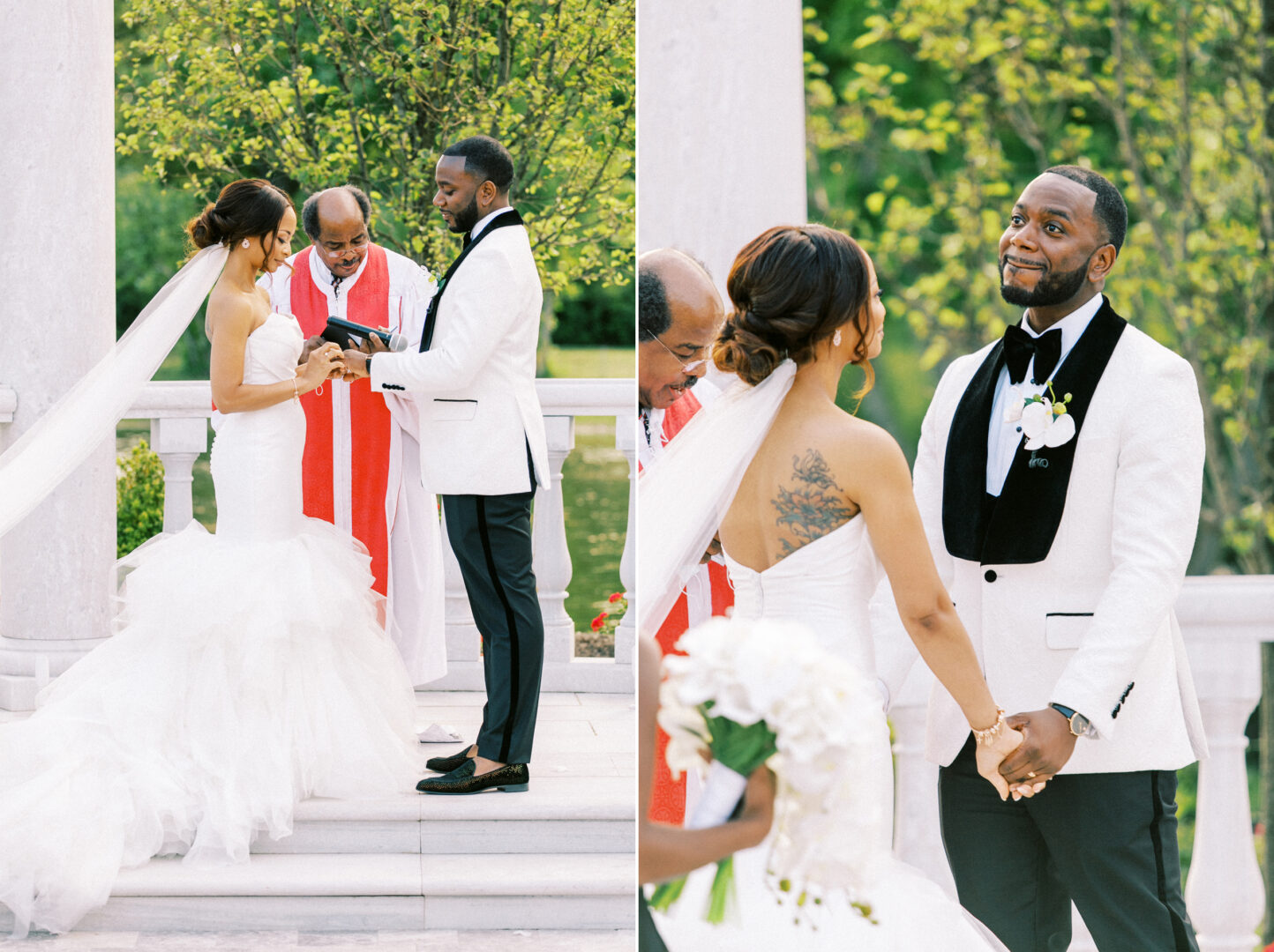 A couple in formal wedding attire holds hands and exchanges vows outdoors at the Mansion on Main Street Wedding, with a priest officiating the ceremony. A leafy green background can be seen.