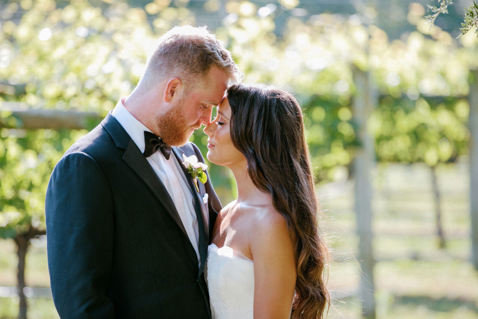 A couple in wedding attire stand head-to-head in a vineyard at Willow Creek Winery, with sunlight filtering through the leaves.