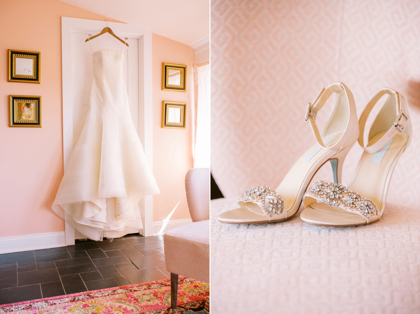 A wedding dress hangs on a door, and a pair of embellished heels rests on a textured surface in a room with peach walls and framed pictures, capturing the elegance of a Willow Creek Winery wedding.