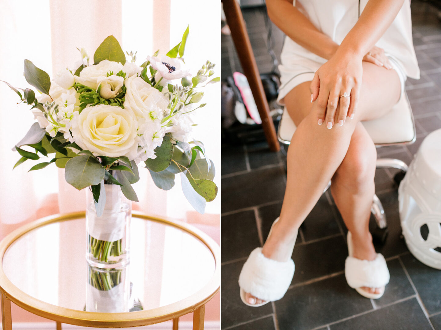 A bouquet of white flowers graces the table at a Willow Creek Winery wedding. Nearby, a person in a robe and slippers sits with legs crossed, subtly displaying a ring on their finger.