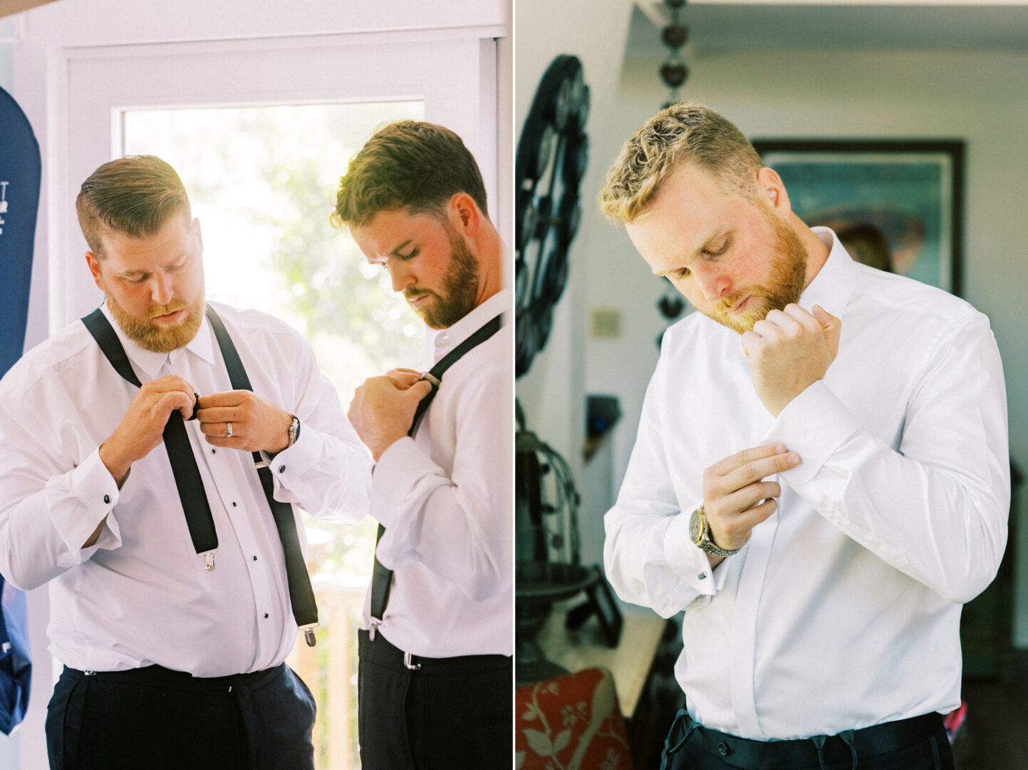 Two men in dress shirts adjust their ties and cuffs in a well-lit room, preparing for the elegant Willow Creek Winery wedding.