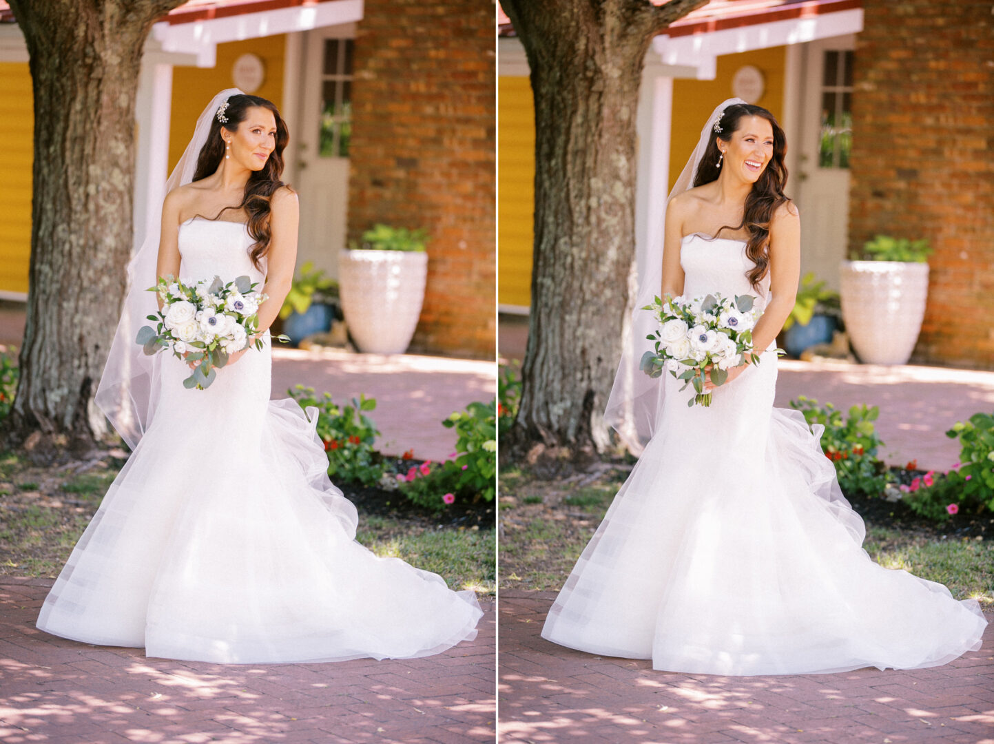 Bride in a white gown holding a bouquet, standing outdoors at Willow Creek Winery with a tree and a building in the background.