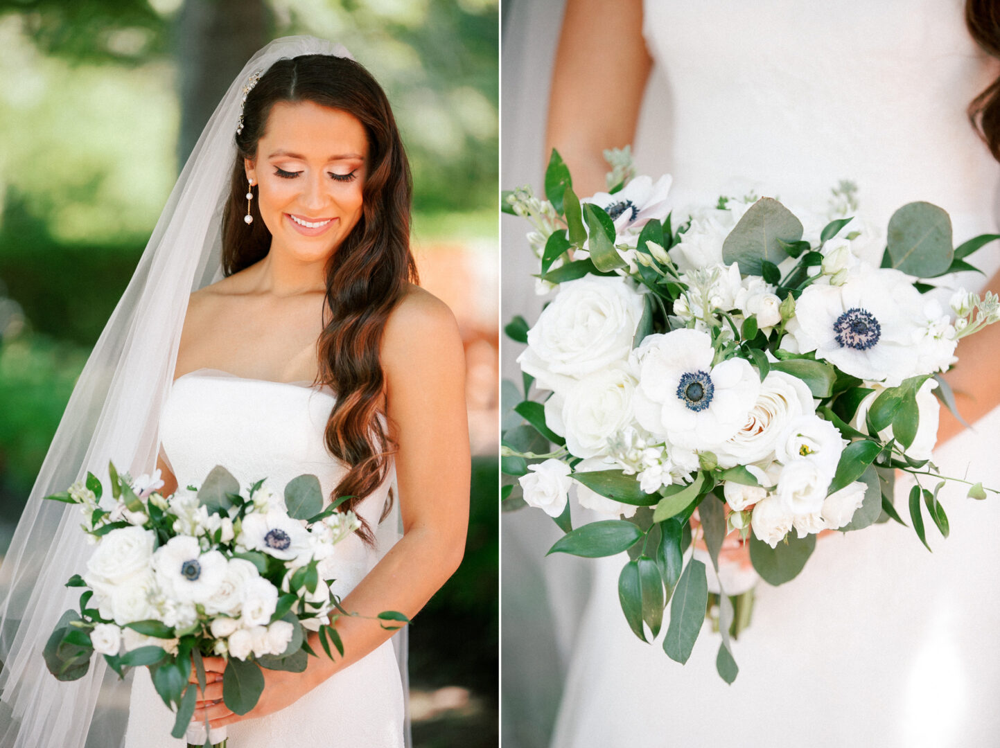 At a Willow Creek Winery wedding, the bride in a white dress holds a bouquet of white flowers and greenery, smiling outdoors. A close-up of the bouquet is shown alongside.