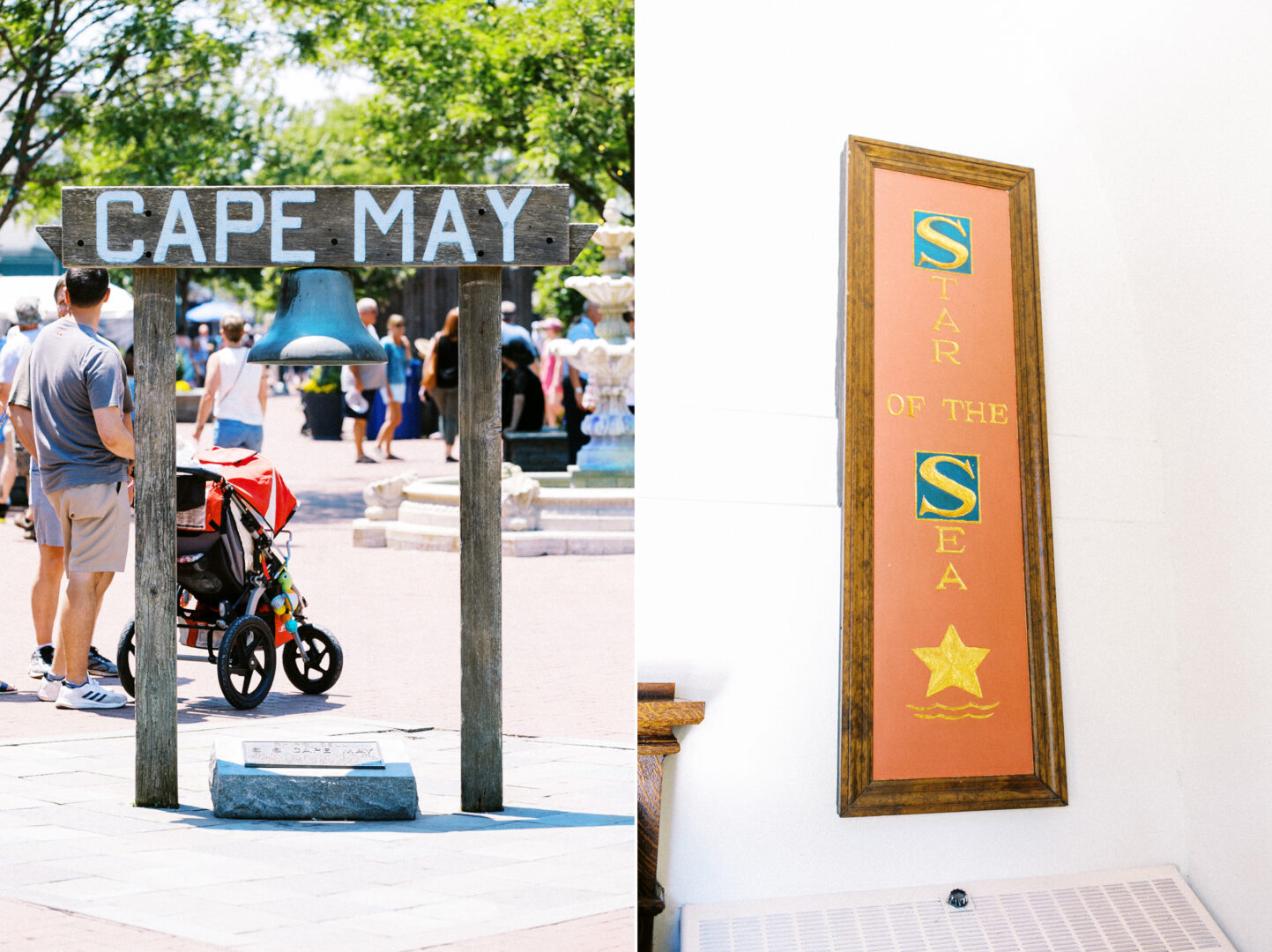 Left: Cape May sign with a bell in a busy outdoor area. Right: Indoor sign reading "Star of the Sea" in a wooden frame, reminiscent of charming Willow Creek Winery wedding decor.