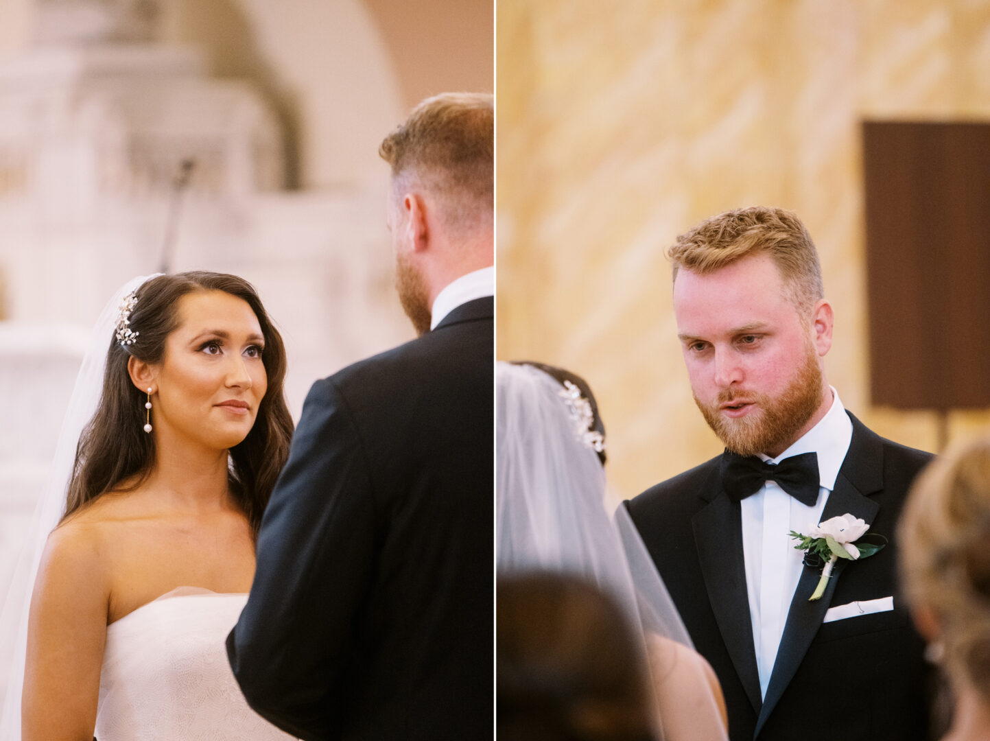 At the picturesque Willow Creek Winery, a bride and groom stand facing each other during a heartfelt wedding ceremony. The bride wears a strapless dress and veil, while the groom dons a tuxedo with a bow tie and boutonniere.