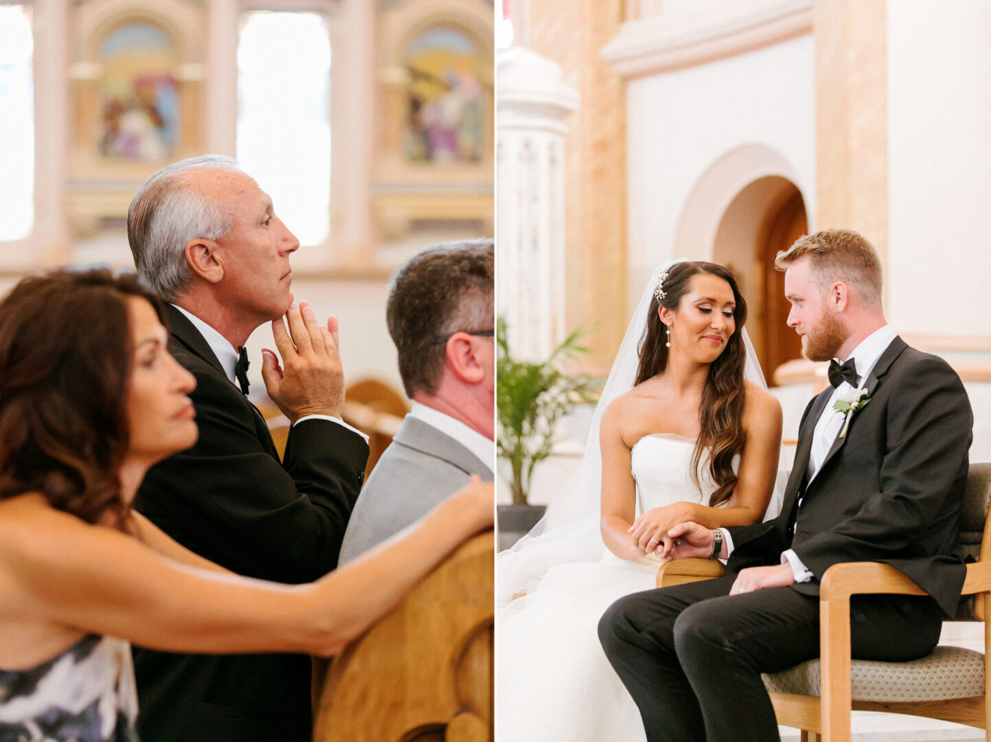 A man prays in a church pew on the left. On the right, a bride and groom from a Willow Creek Winery wedding sit holding hands, smiling at each other in a divine church setting.