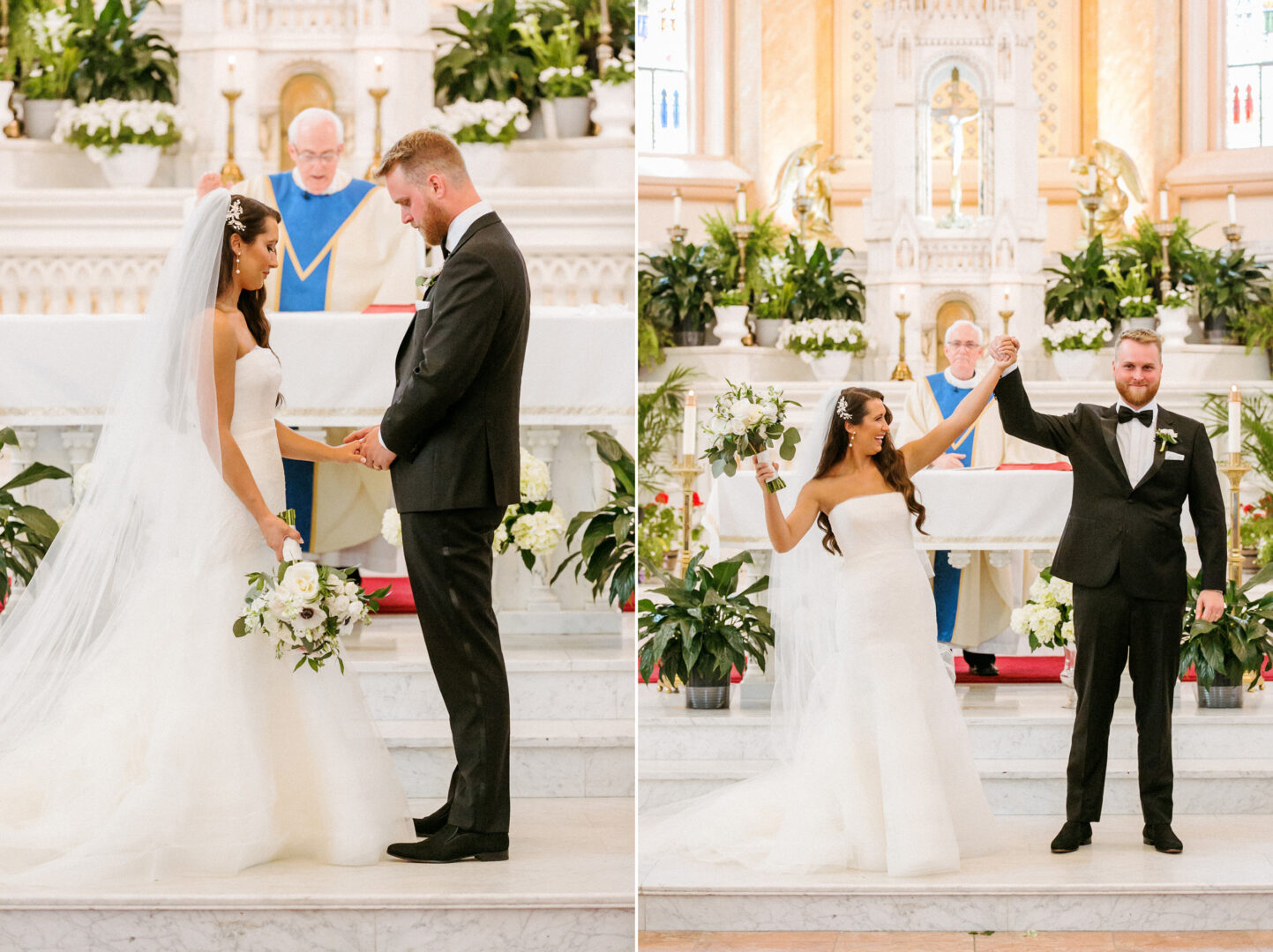 The bride and groom stood at the altar during their enchanting Willow Creek Winery Wedding, holding hands and raising them in joyous celebration.