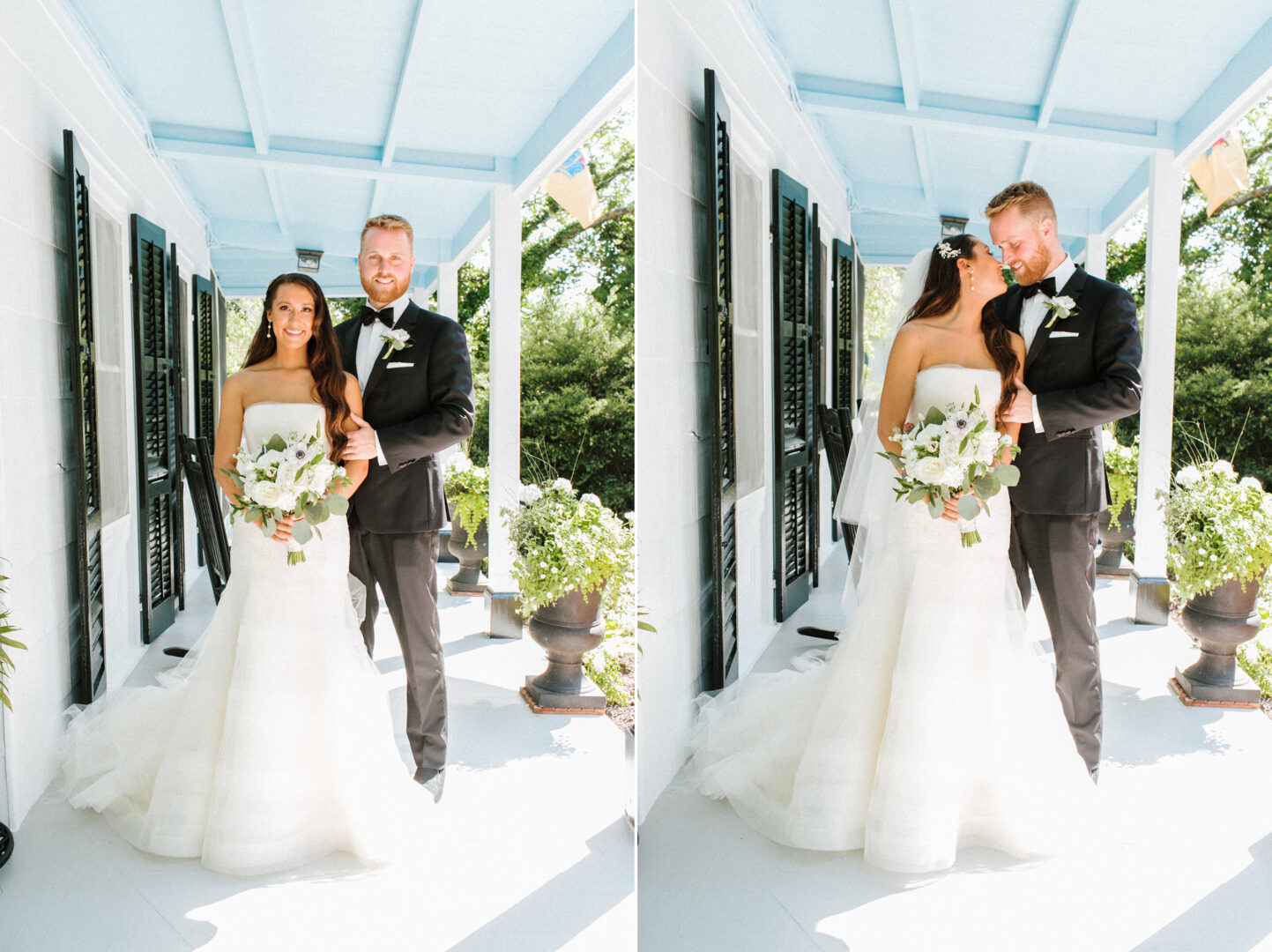 Bride and groom stand on a sunlit porch at Willow Creek Winery, holding hands and smiling. The bride is in a white dress, and the groom wears a black suit. Green plants decorate the background.