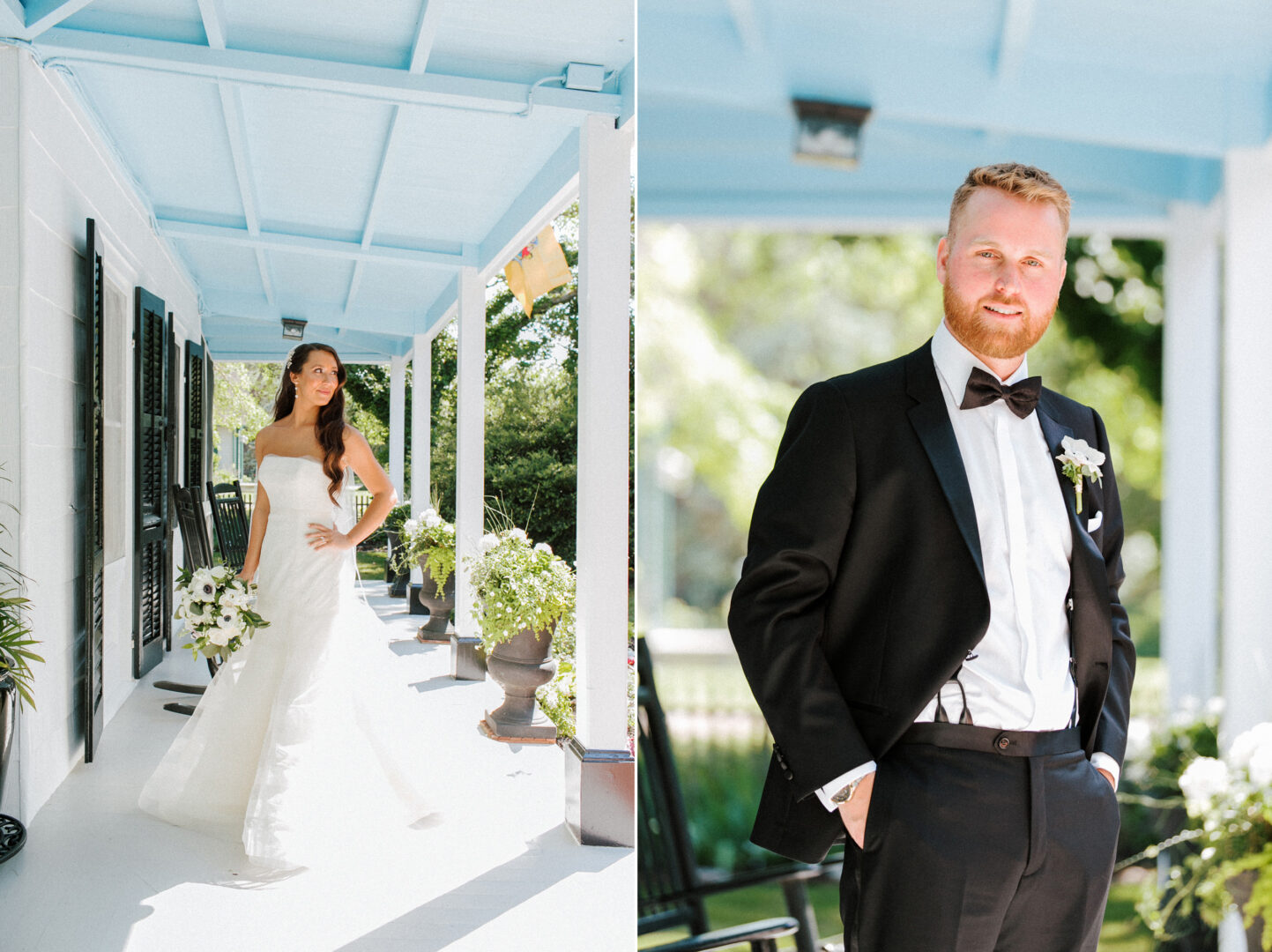 Left side: A bride in a strapless white dress stands on a veranda at Willow Creek Winery. Right side: A groom in a black suit with a bow tie stands outdoors. Both appear formal and are surrounded by the lush greenery of the vineyard, capturing the essence of their winery wedding.