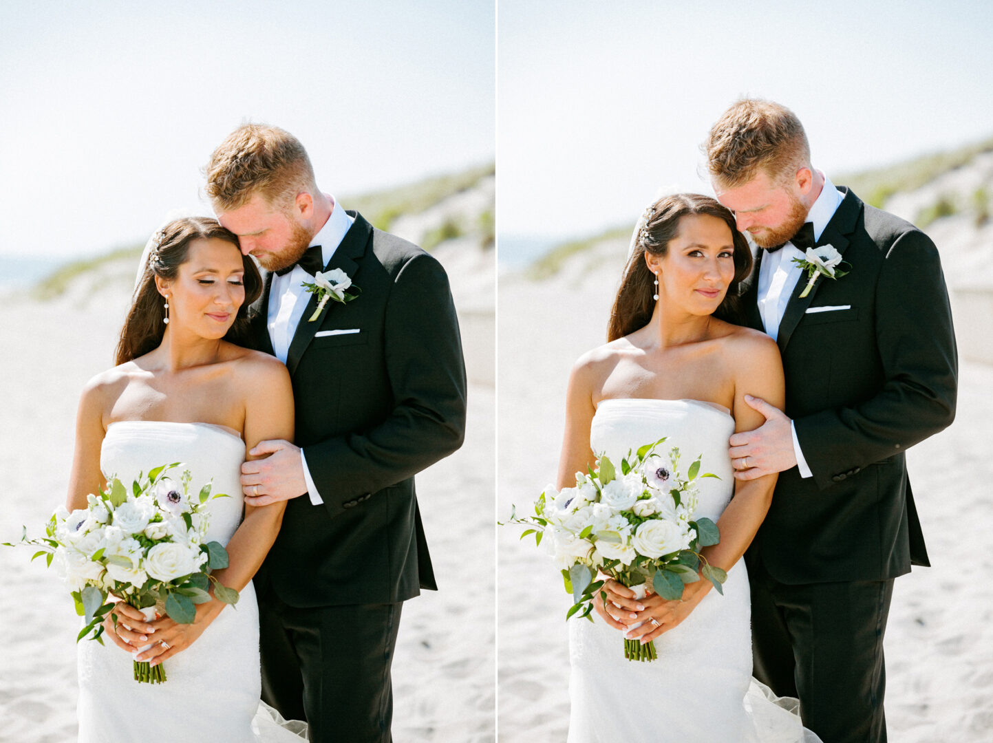 A bride and groom stand on a beach at Willow Creek Winery, with the groom in a black suit embracing the bride in a white gown holding a bouquet.