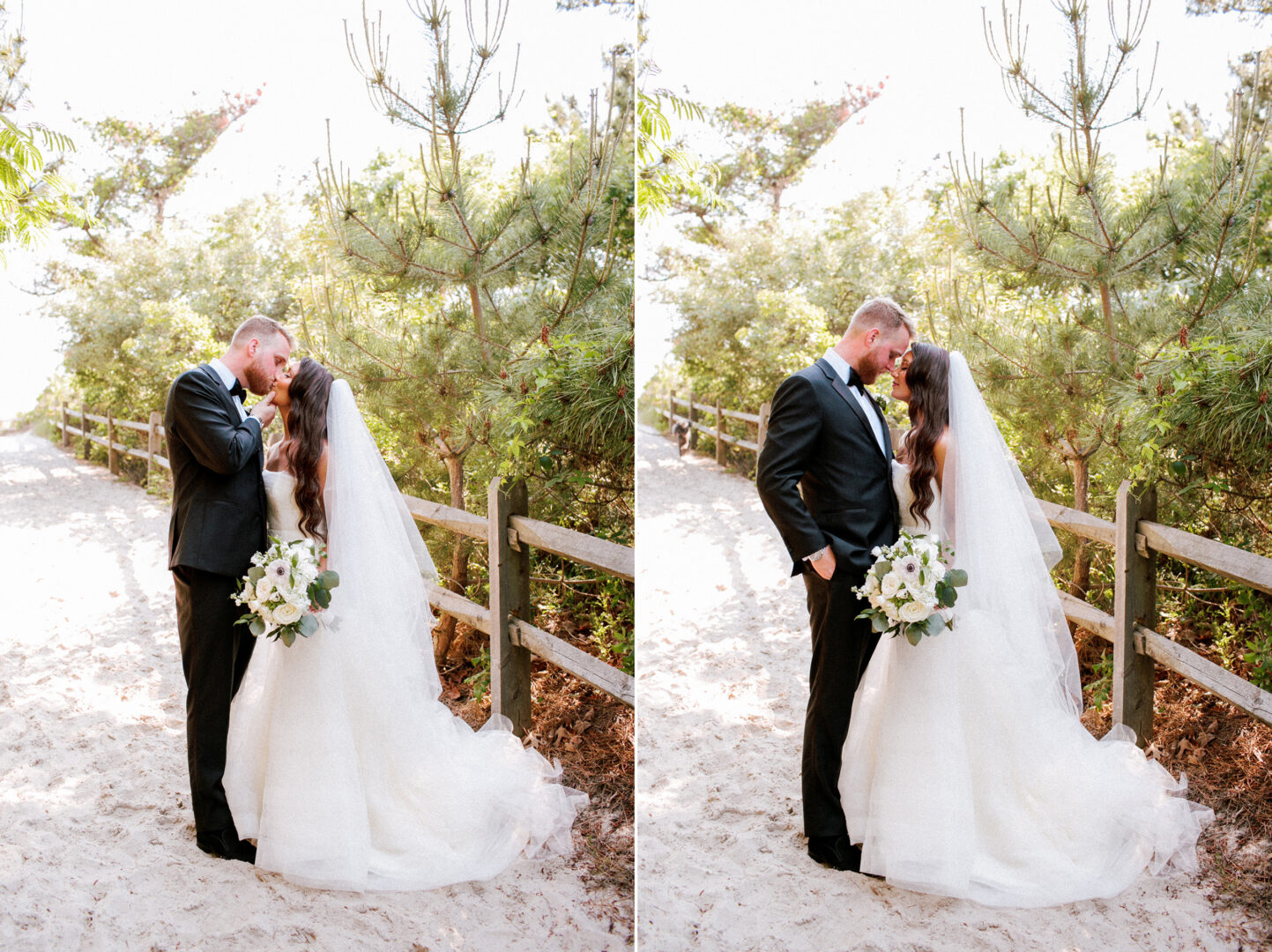 At a Willow Creek Winery wedding, a bride and groom embrace on a sandy path surrounded by lush greenery. The bride holds a bouquet, and both are dressed in elegant formal attire.