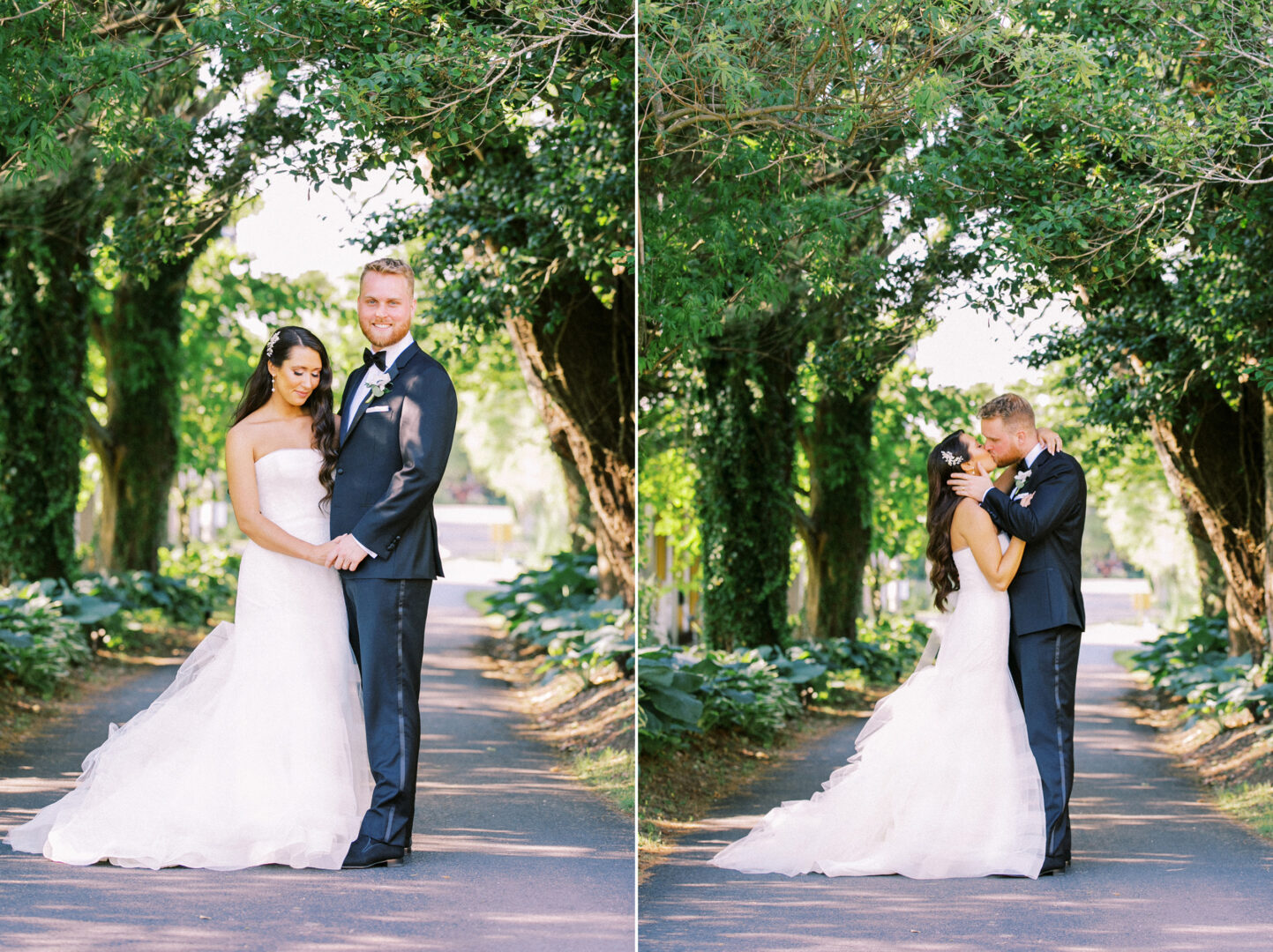 A couple in wedding attire poses outdoors on a tree-lined path at Willow Creek Winery; in one image, they face the camera, and in the other, they share a kiss.