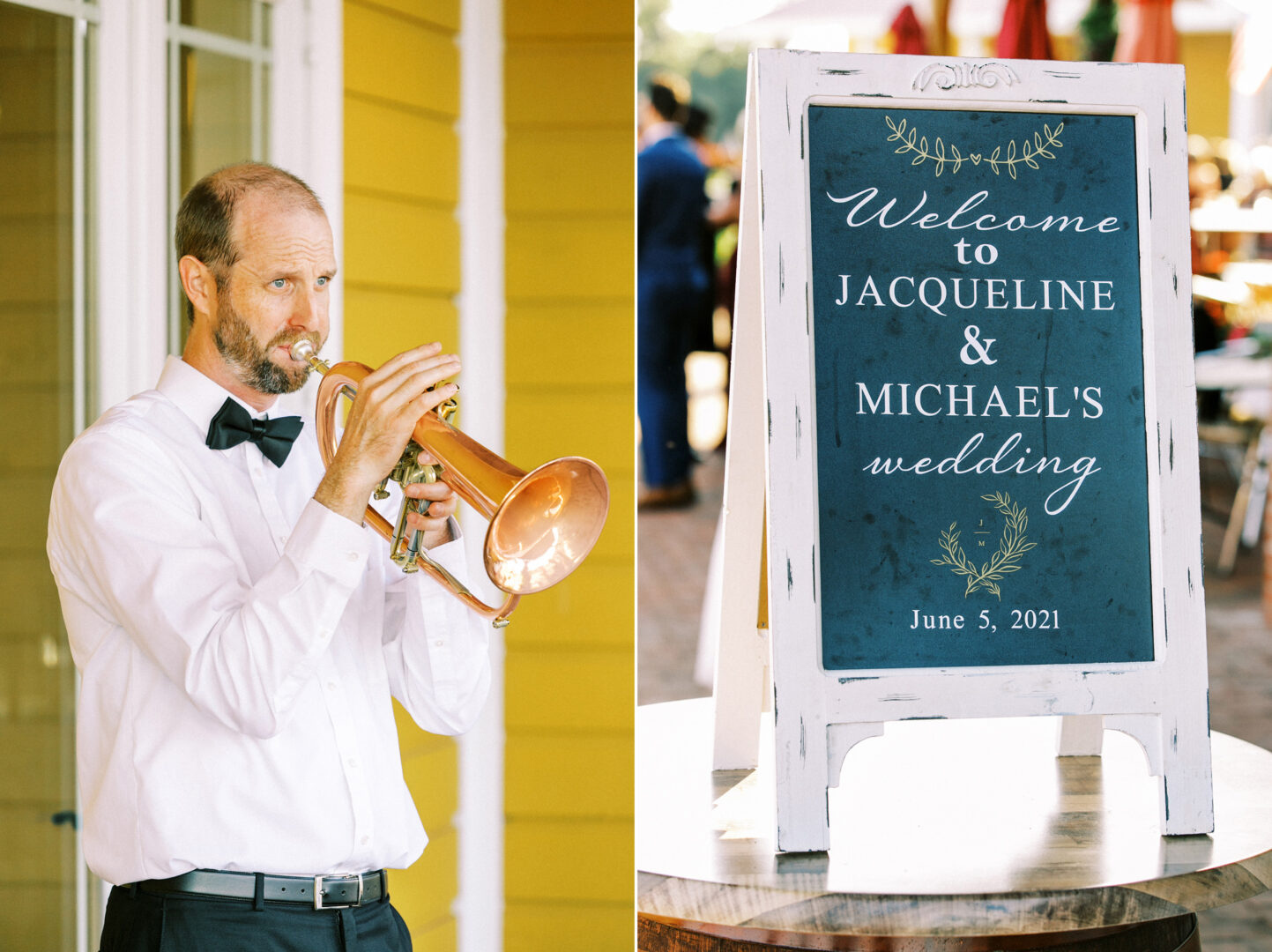 A man in a bow tie plays a trumpet outside at the picturesque Willow Creek Winery. A sign reads, "Welcome to Jacqueline & Michael's wedding, June 5, 2021.