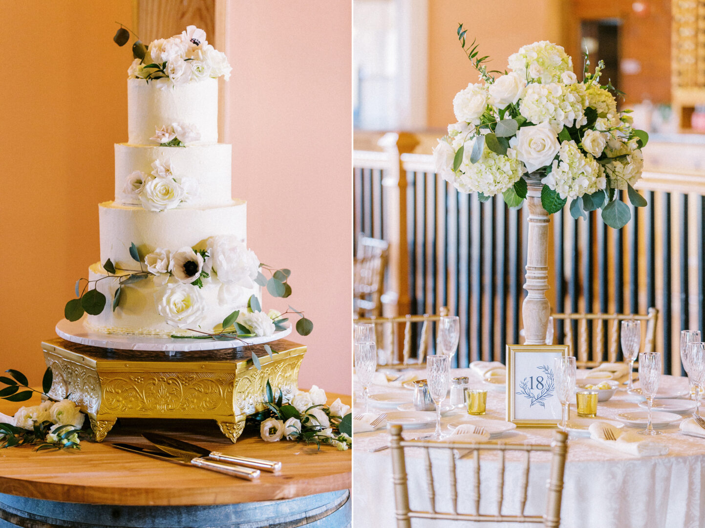 At the Willow Creek Winery wedding, a tiered white cake adorned with flowers sits elegantly on a gold stand (left), while a stunning centerpiece of white blooms accompanies table number 18 (right).