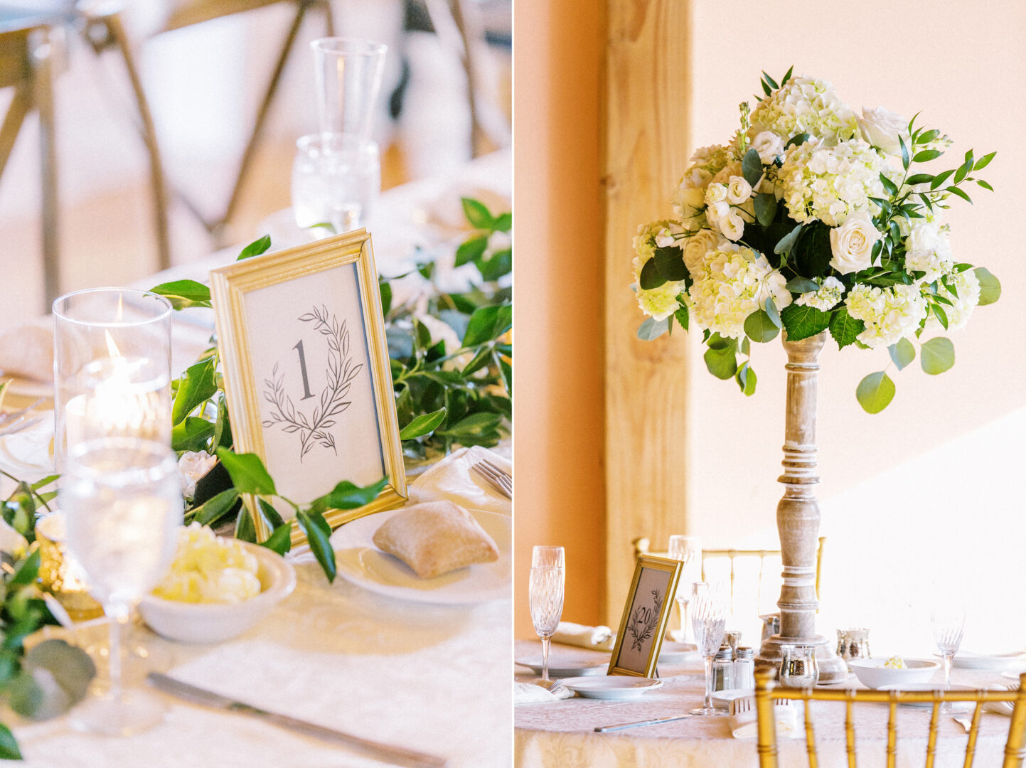 Elegant wedding table setting at Willow Creek Winery, featuring a floral centerpiece, framed table number, candles, glasses, and a bread roll on a white tablecloth adorned with lush greenery.