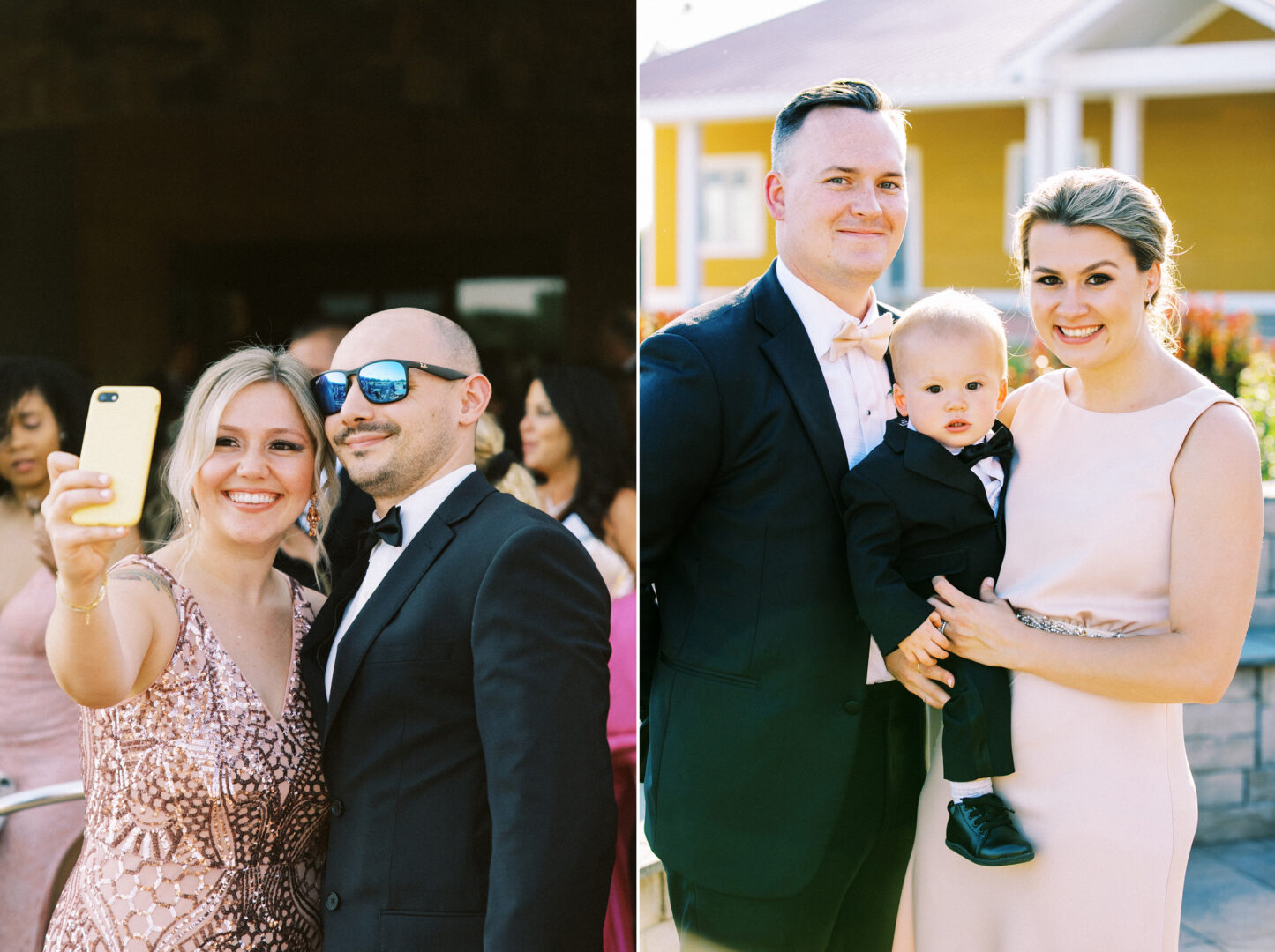 Two photos: On the left, a woman and man in formal attire taking a selfie. On the right, a couple holding a child, all dressed formally at a Willow Creek Winery wedding.