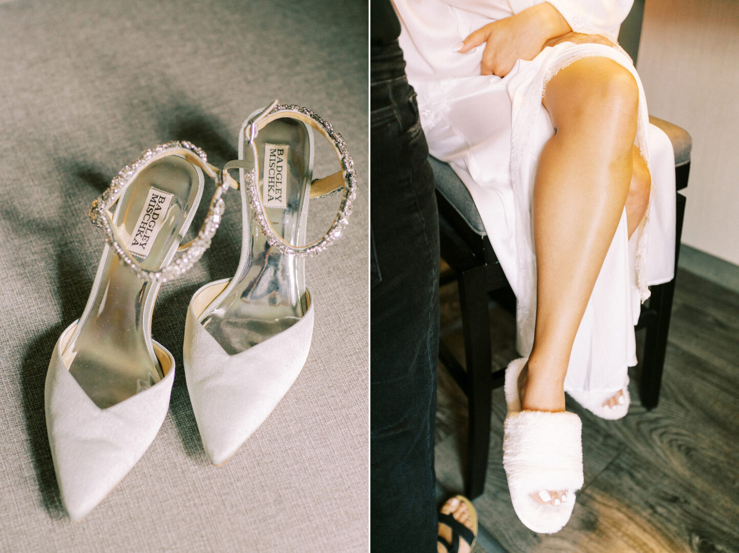 A pair of white high heels with jeweled straps glistens like they belong at a Normandy Farm Wedding. Nearby, a person in a robe and fuzzy slippers sits with crossed legs, exuding comfort and ease on this elegant occasion.