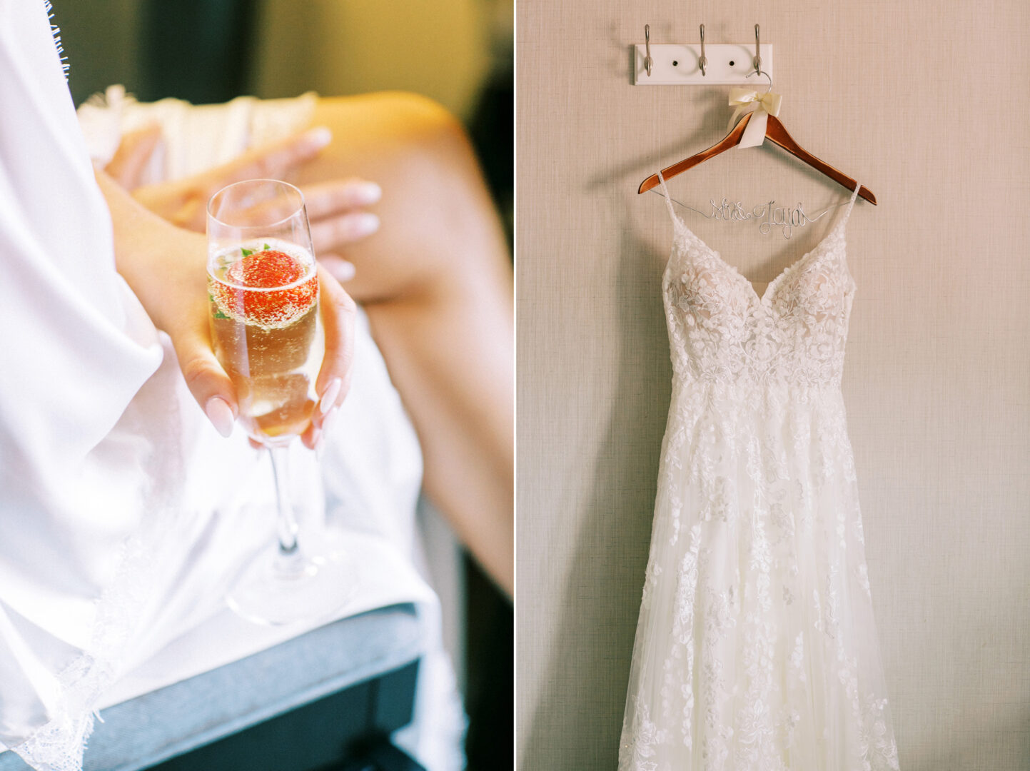 A white lace wedding dress hangs elegantly on the wall at a Normandy Farm wedding. Next to it, a person in a robe holds a glass of champagne adorned with a strawberry, capturing the essence of celebration and romance.